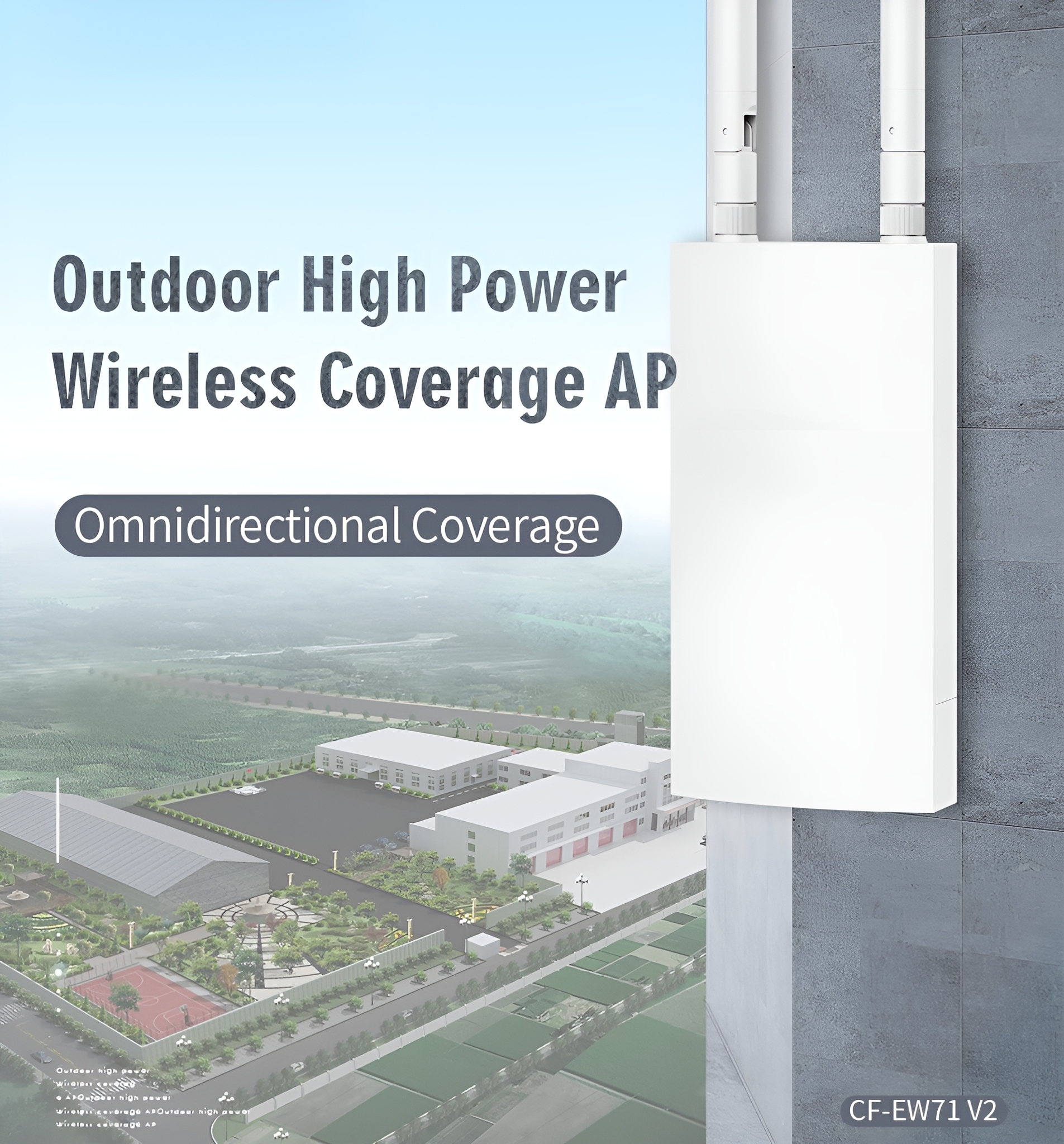 Weißer Outdoor-Wireless-Coverage-AP an einer grauen Wand. Grüne Felder und Gebäude sind im Hintergrund.