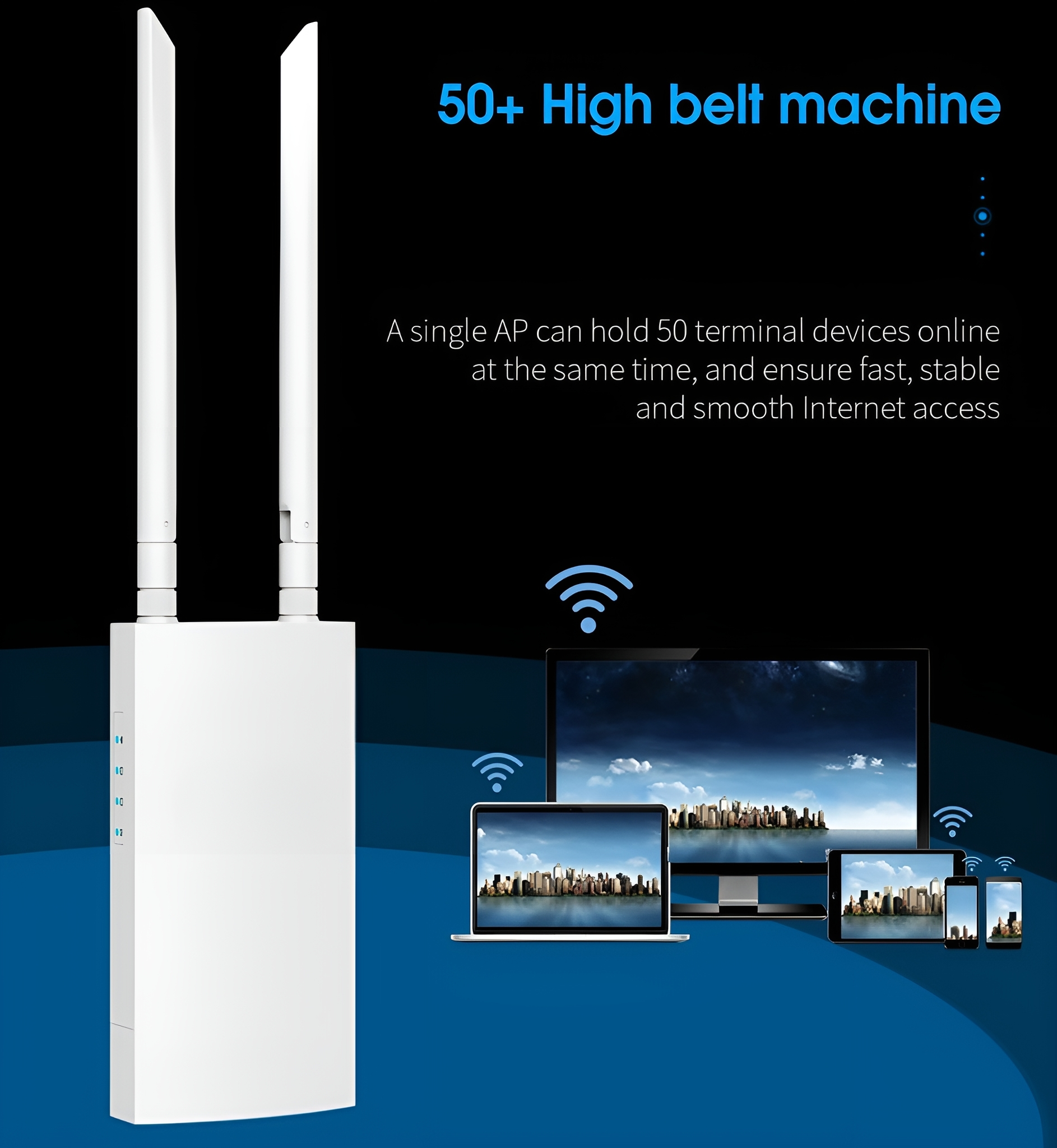 Weißer WLAN-Extender mit zwei Antennen, mit mehreren Geräten, die WLAN-Signal zeigen.