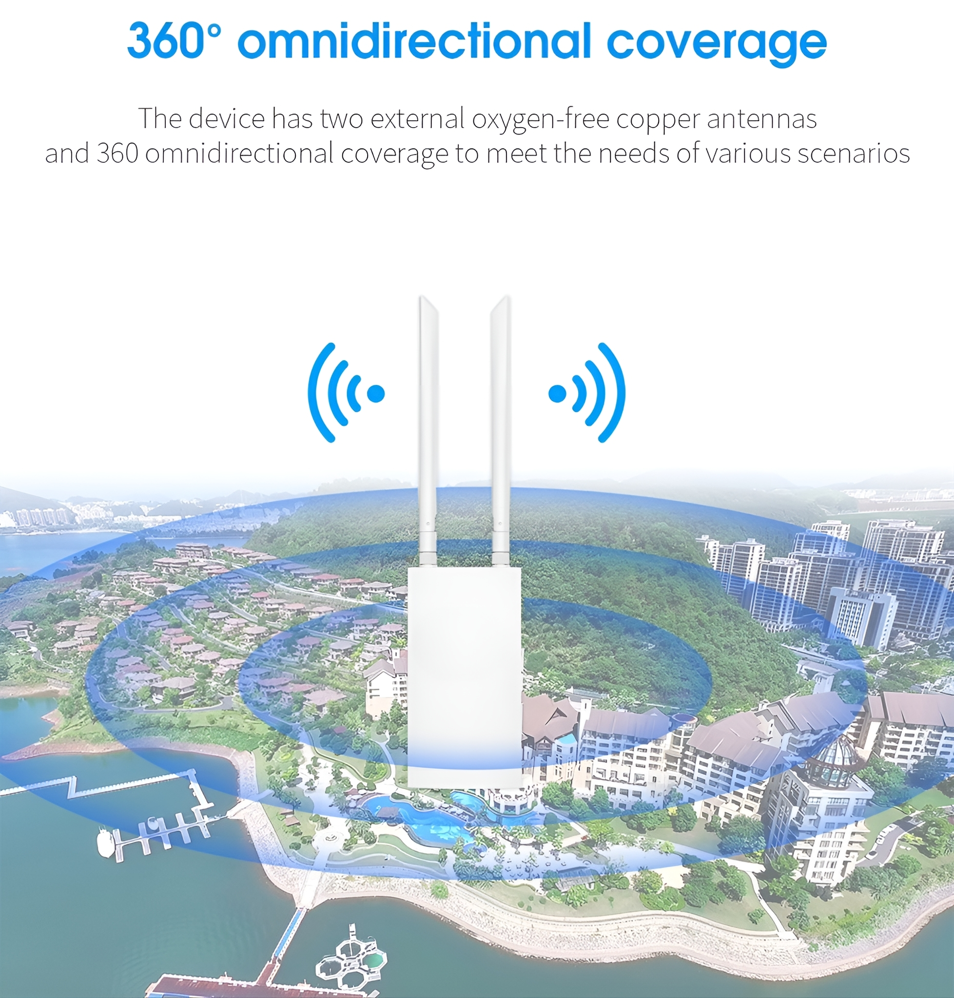 Ein weißer Router mit zwei Antennen, mit malerischem Hintergrund.