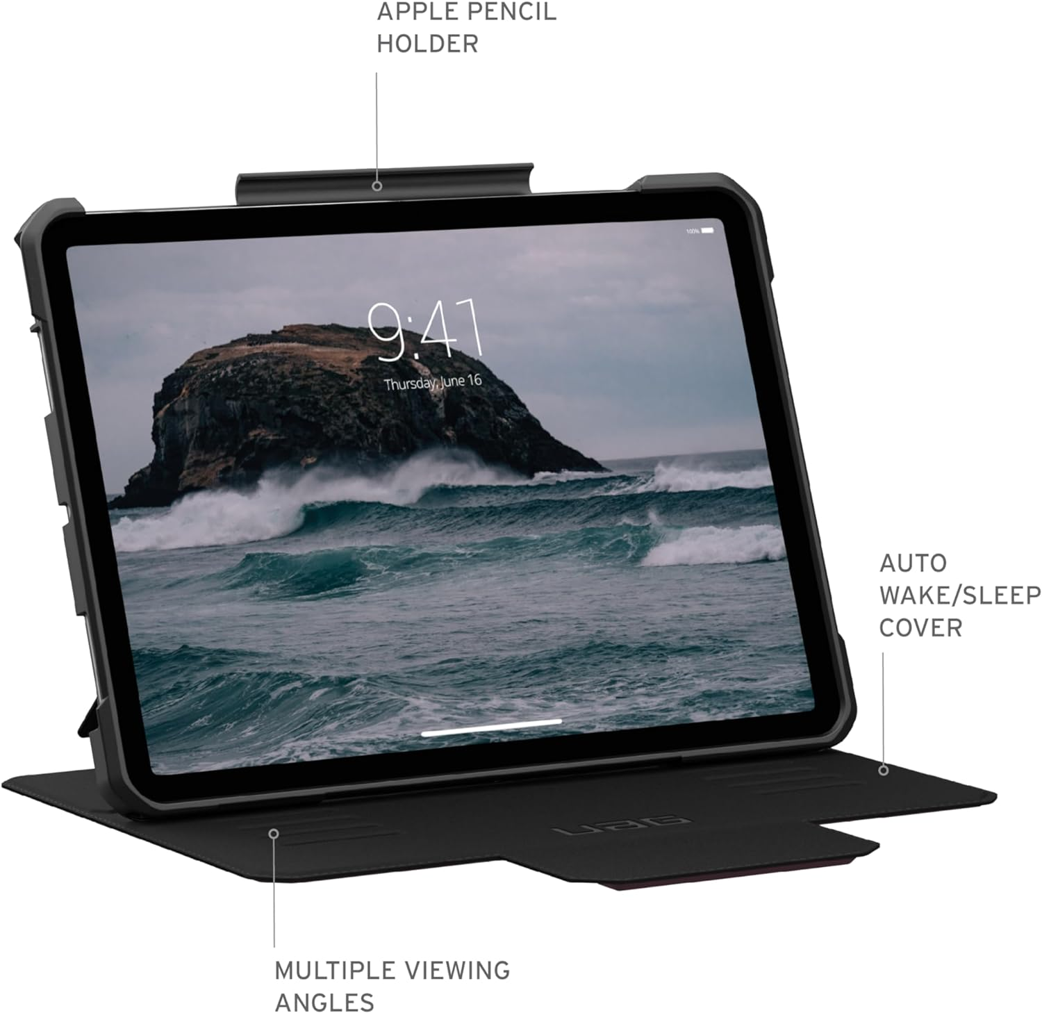 iPad w czarnym etui, podparty. Ekran pokazuje plażę.