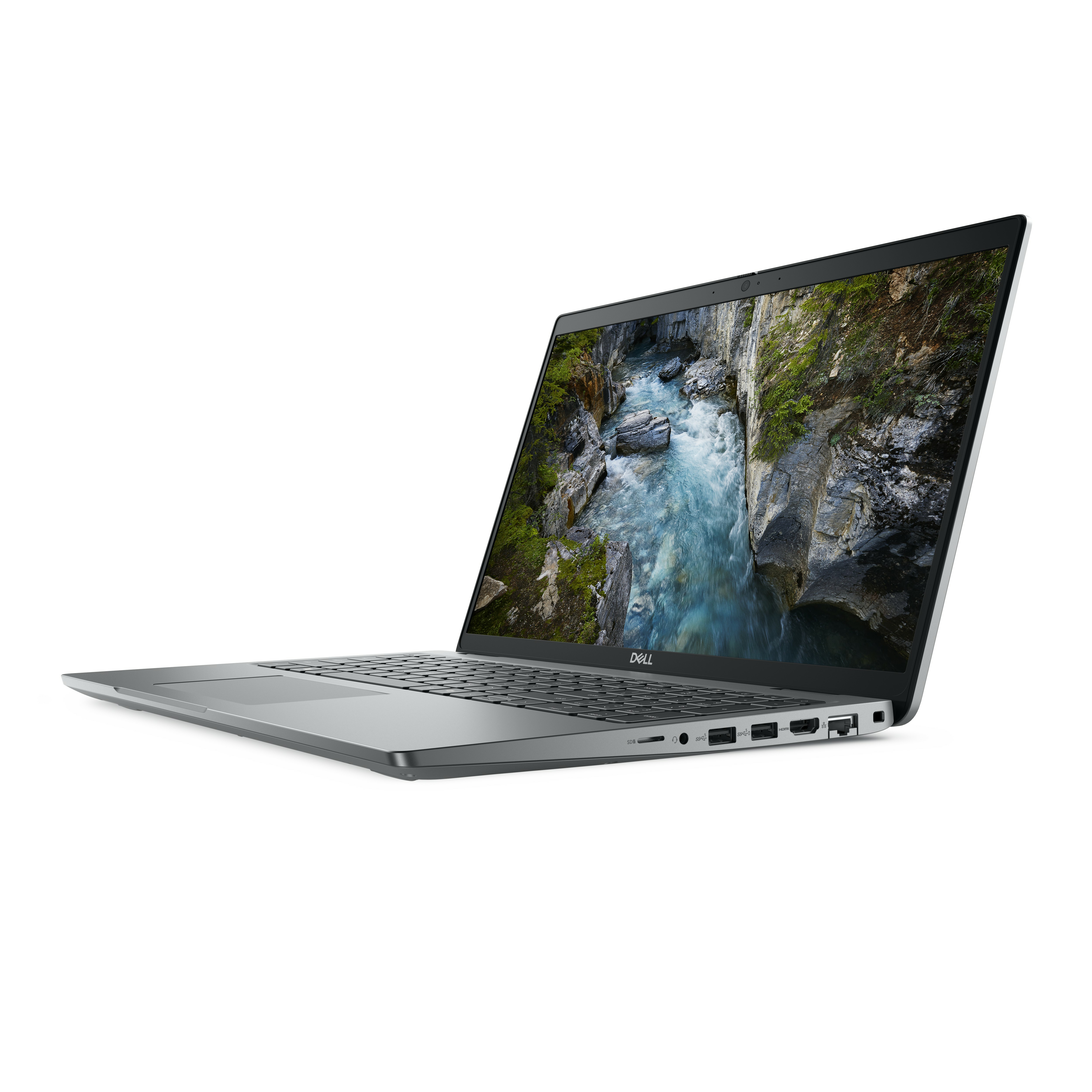 Un laptop argentato, aperto, che mostra un fiume di montagna sullo schermo.