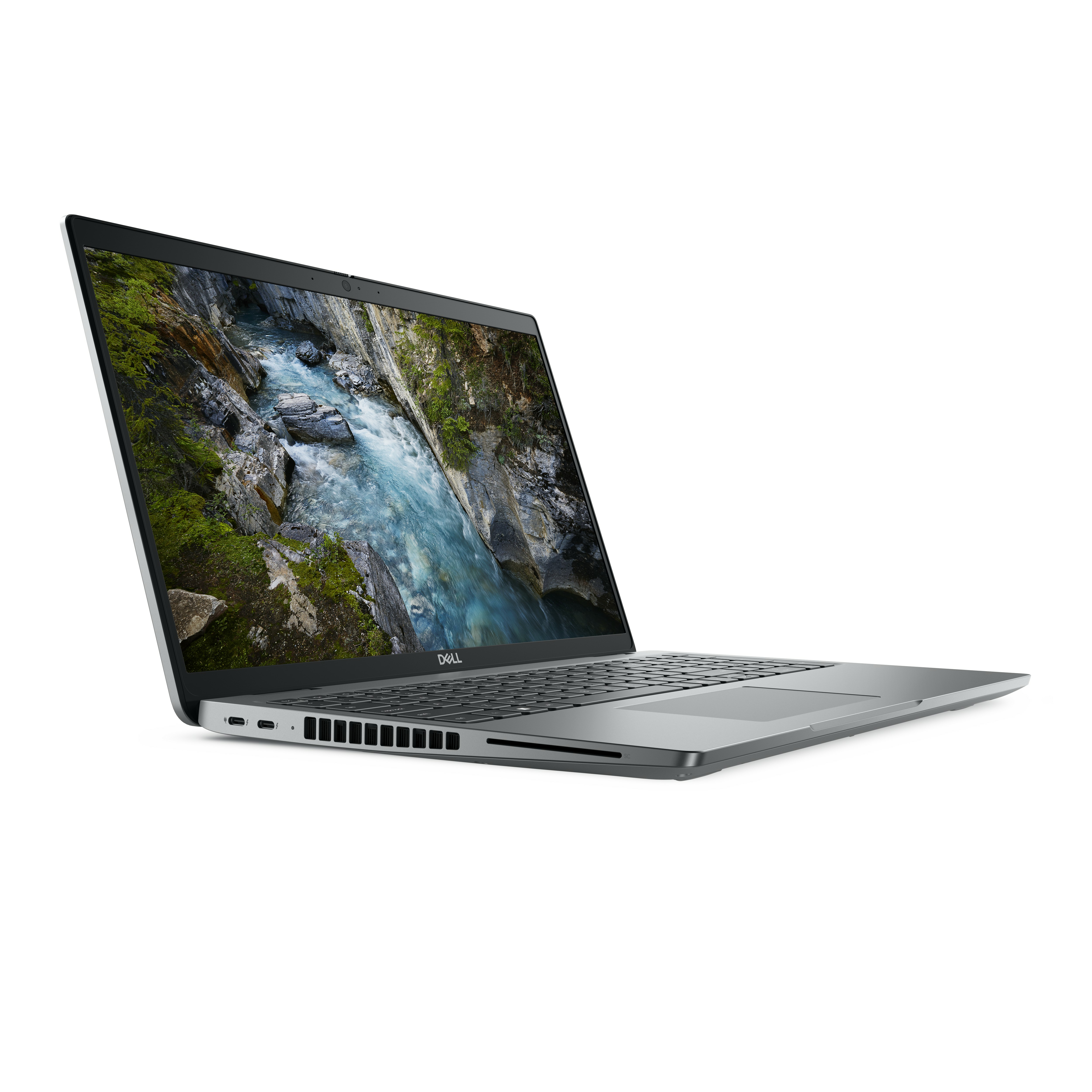 Laptop Dell, aperto, mostra una scena fluviale sullo schermo. Colore argento.