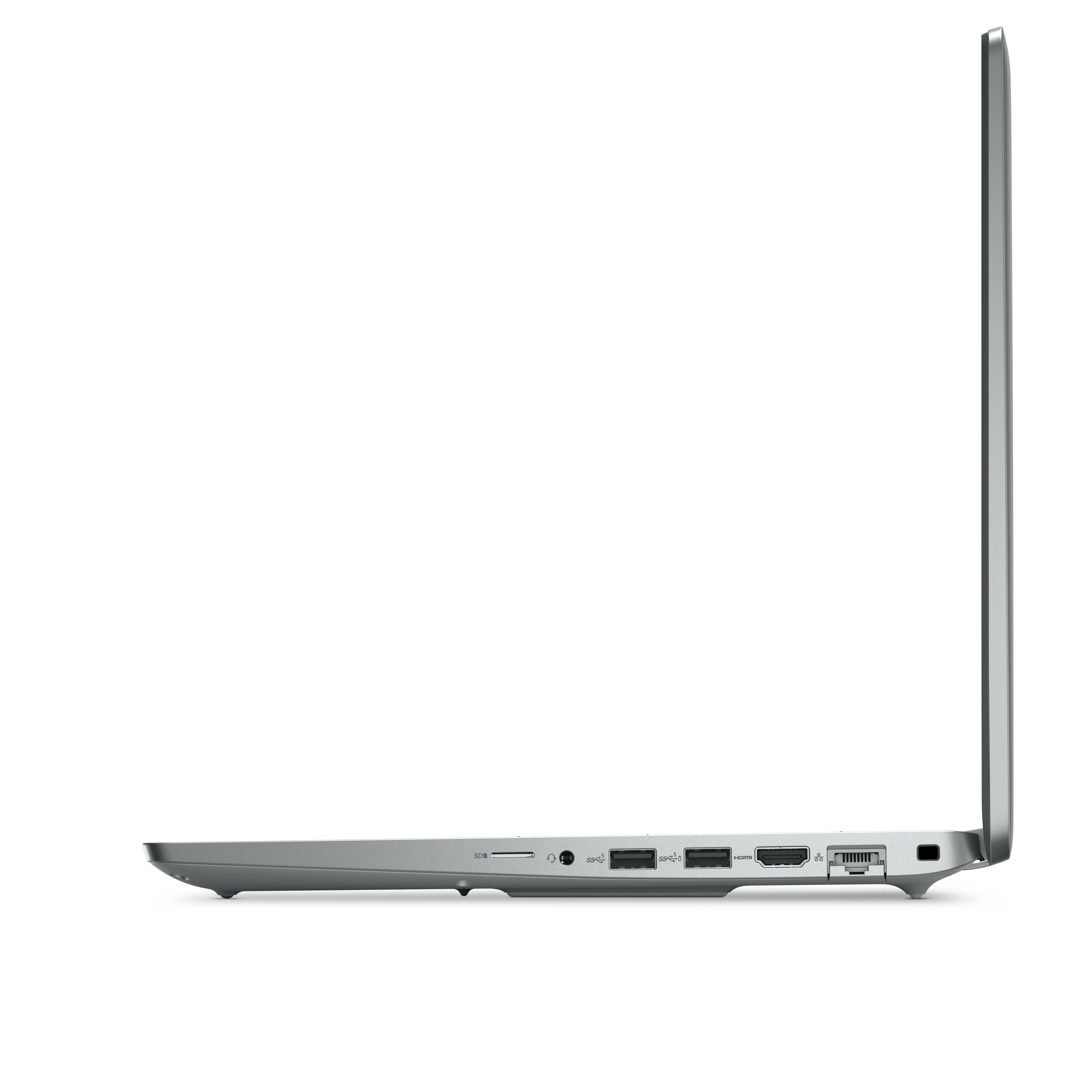 Vista laterale di un laptop argentato, che mostra le porte e il profilo laterale.