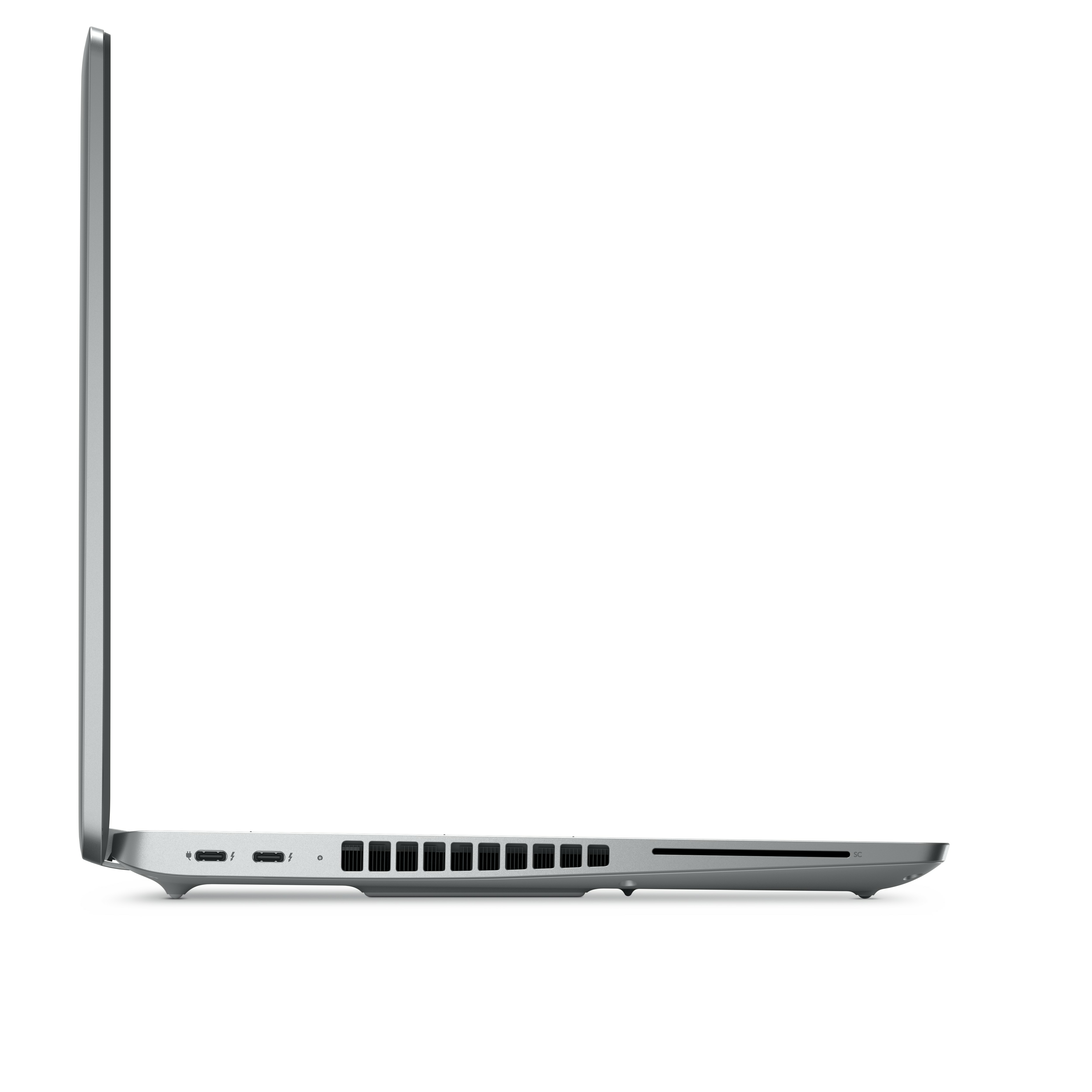 Vista laterale del laptop, che mostra porte e prese d'aria sul lato, su sfondo bianco.
