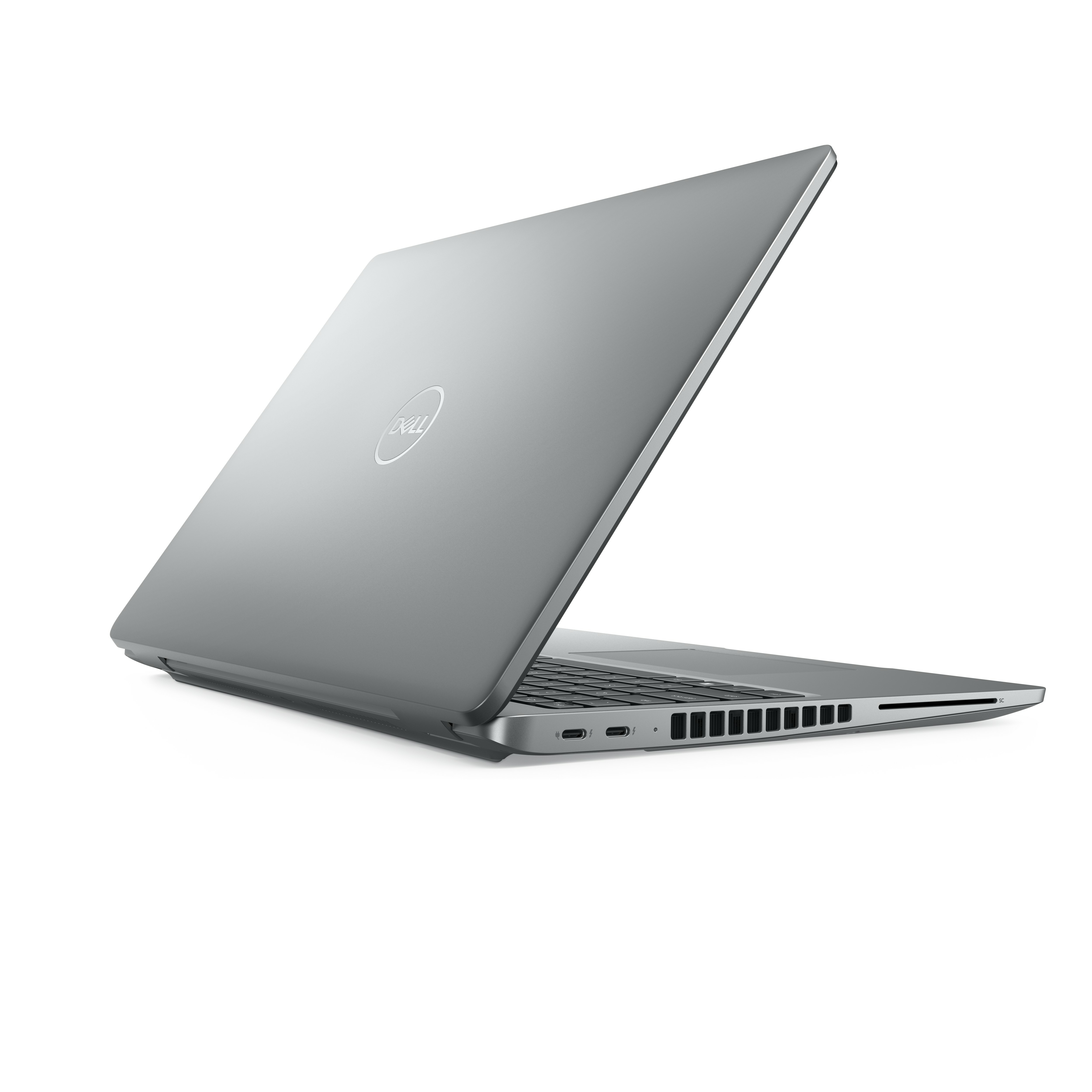 Un laptop argentato, parzialmente aperto, che mostra il logo Dell. Lo schermo è vuoto.
