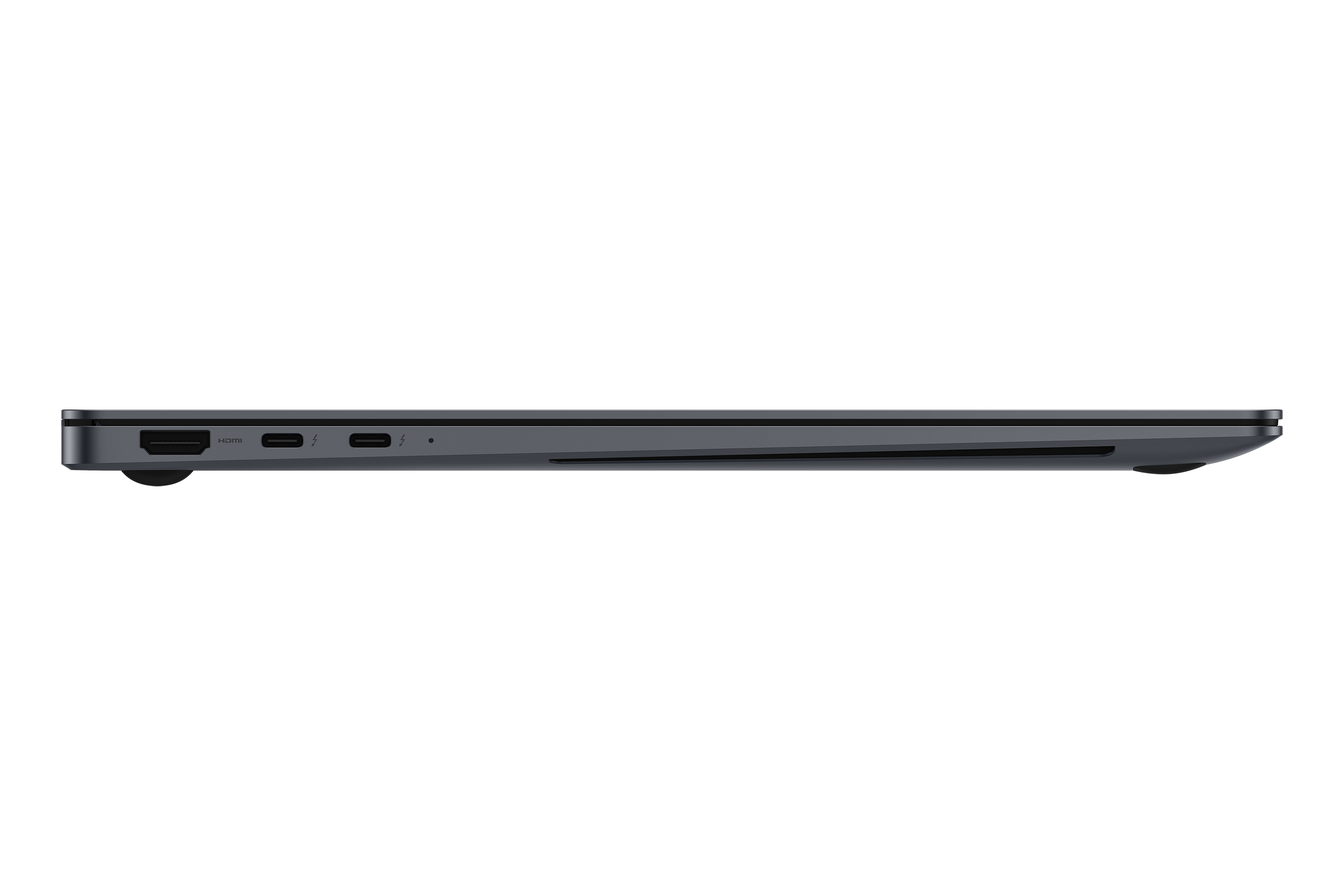 Ein schlanker, dunkelgrauer Laptop mit Seitenansicht, der Anschlüsse und ein schlankes Design zeigt.