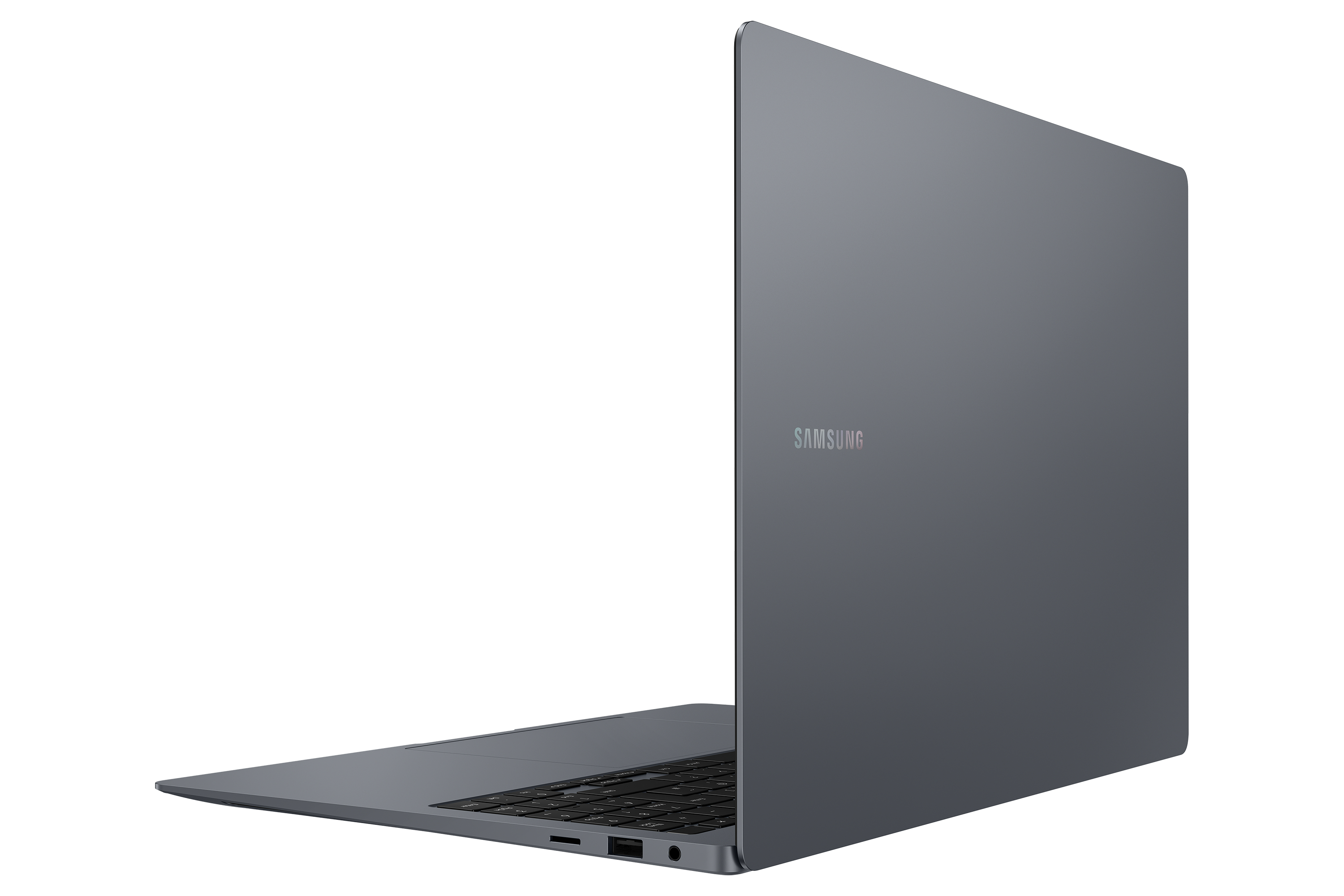 Dunkelgrauer Laptop mit Samsung-Logo, leicht angewinkelt. Der Hintergrund ist weiß.