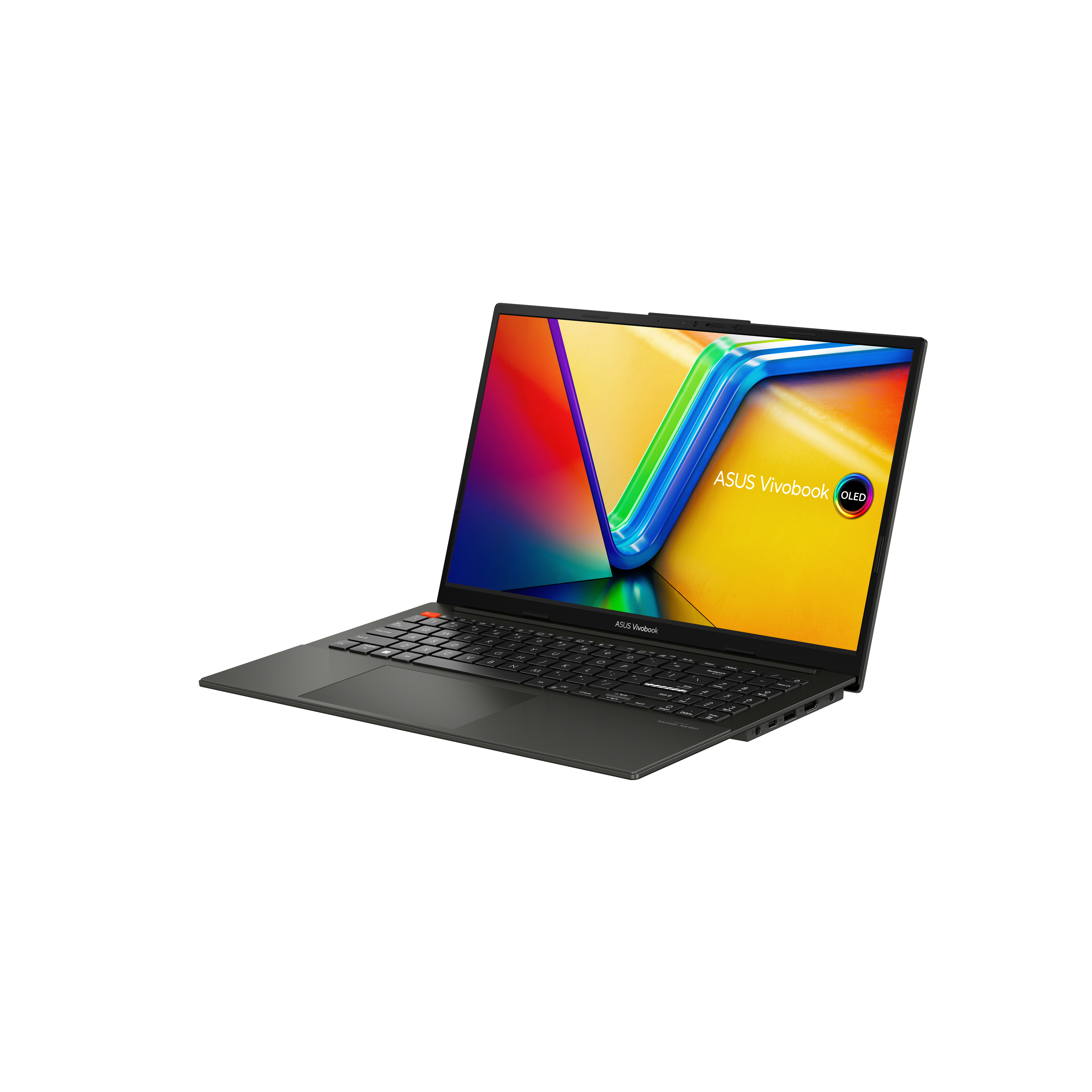Dunkler Laptop mit OLED-Bildschirm, der ein farbenfrohes Bild zeigt.