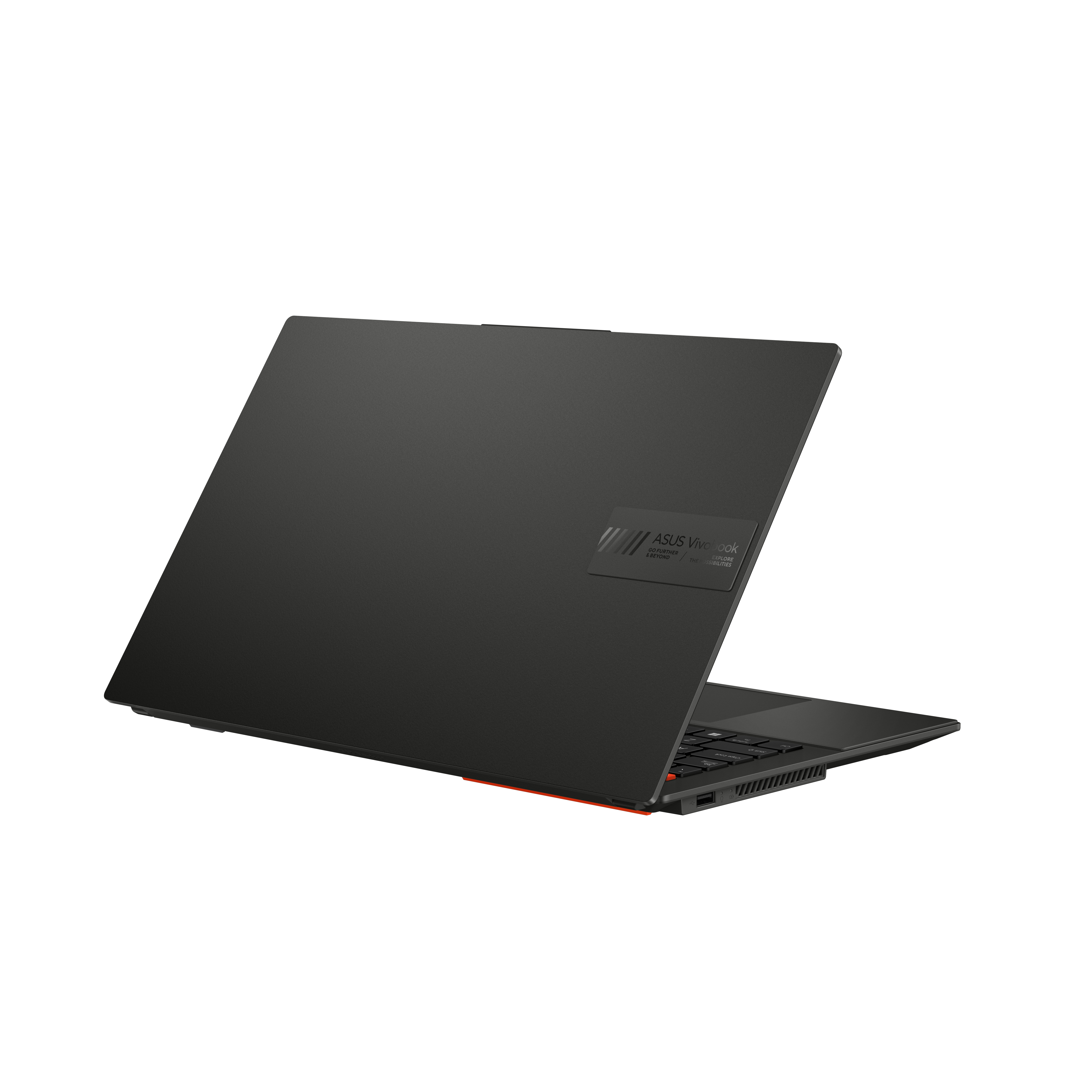 Schwarzer Laptop mit ASUS Vivobook-Etikett. Weißer Hintergrund.
