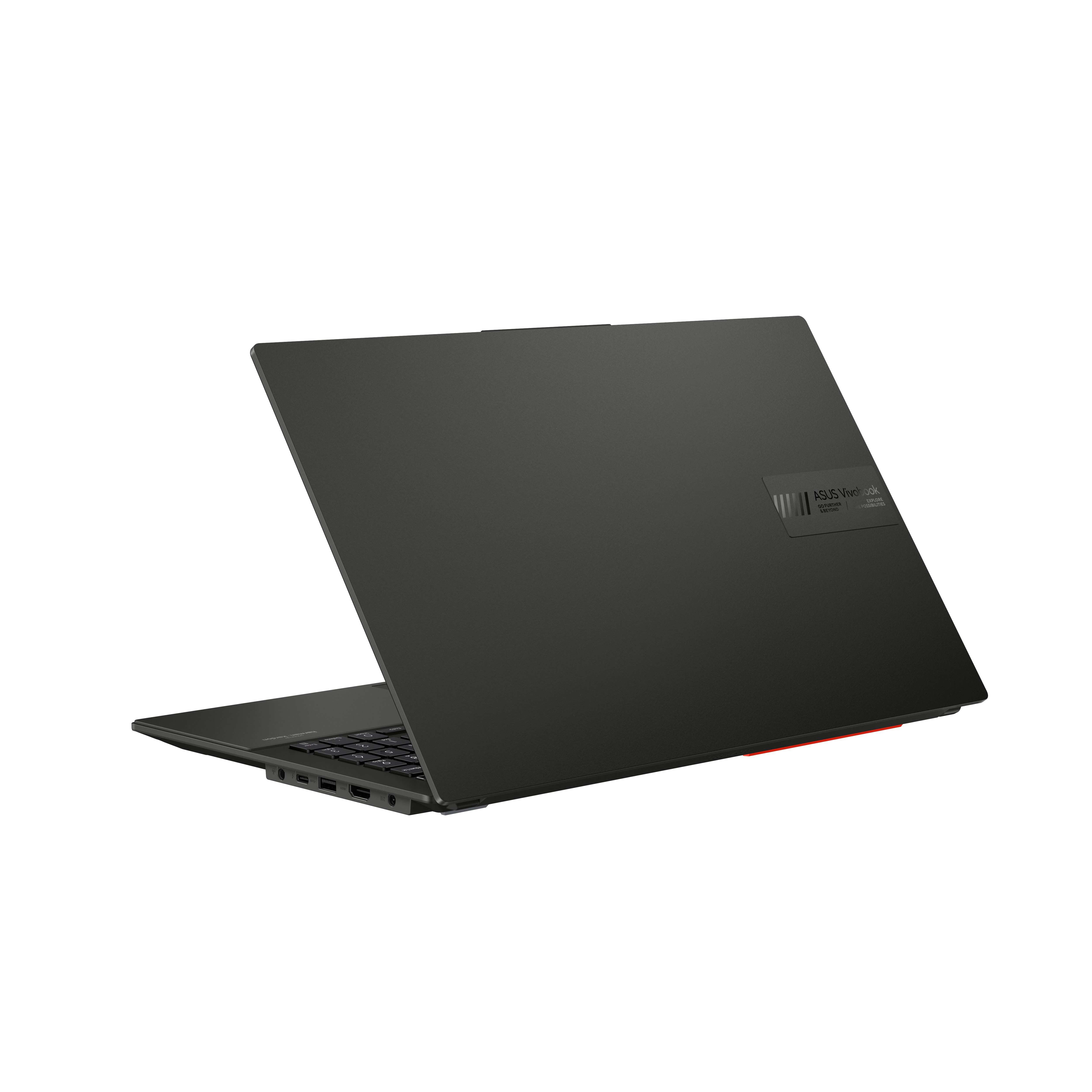 Schwarzer Laptop, Rückansicht. ASUS Vivobook Logo und Design auf dem Deckel. Roter Akzent sichtbar.