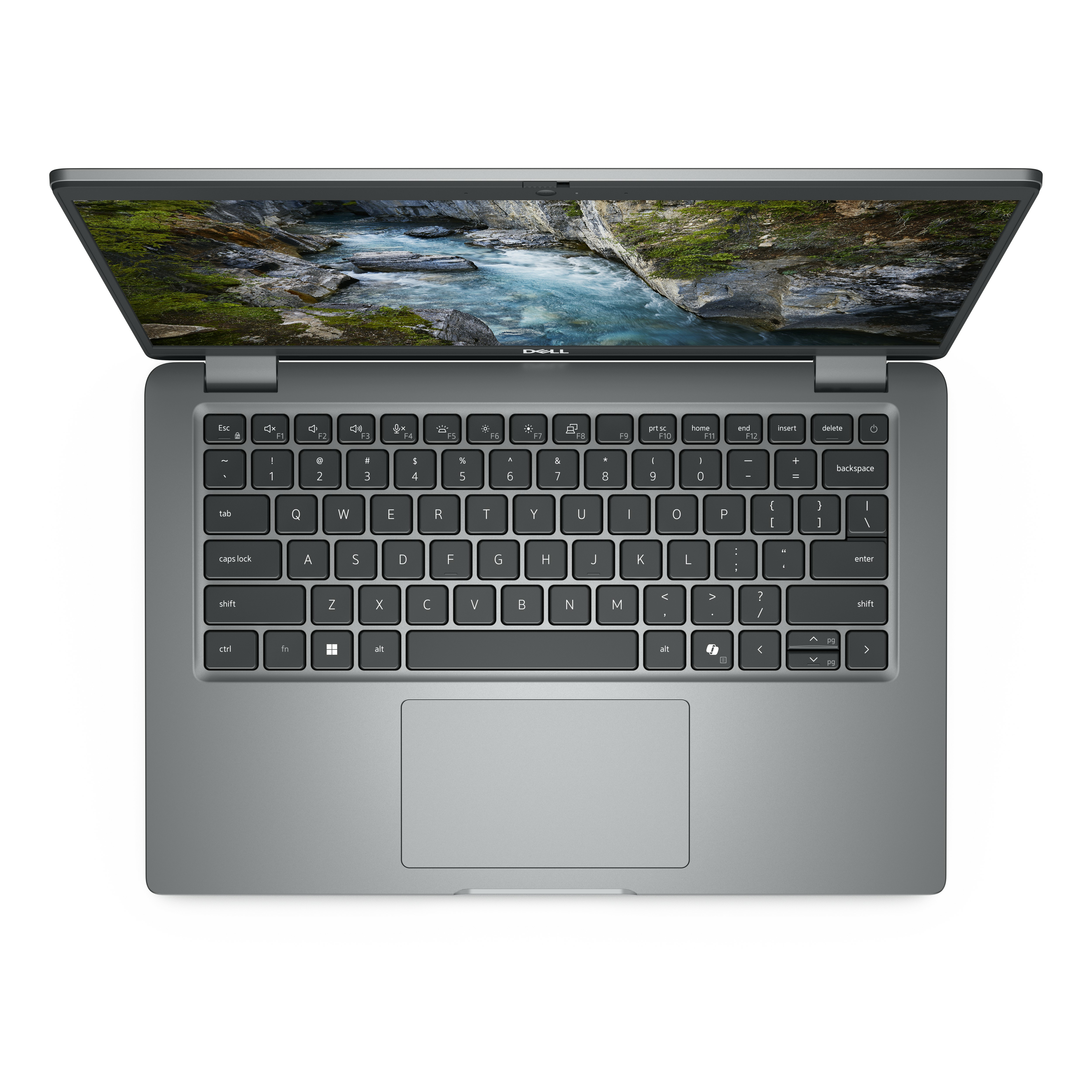 Laptop gris, vista superior. Muestra teclado, panel táctil y pantalla con escena de río.
