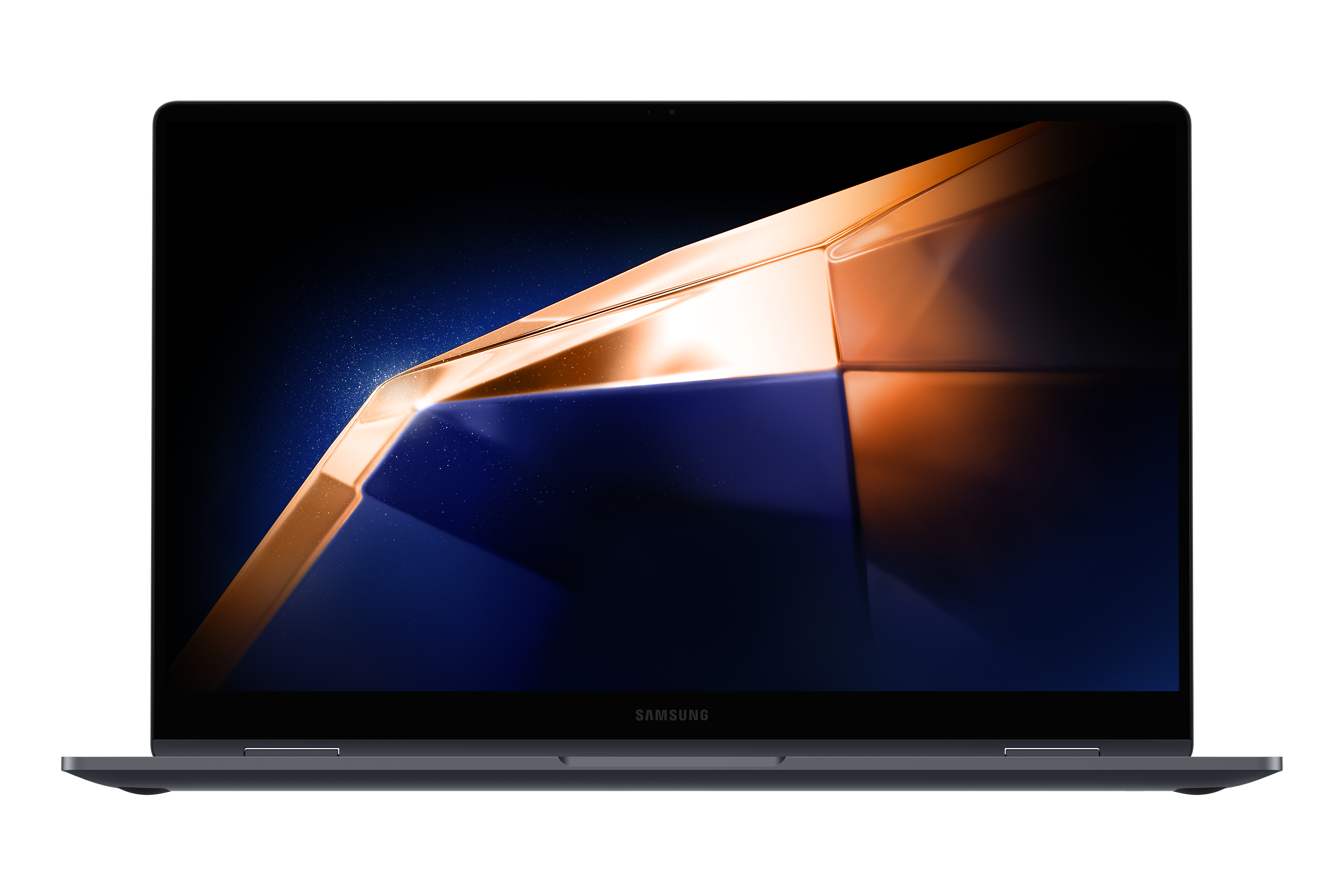 Laptop-Bildschirm, der ein abstraktes Gold- und Blau-Design auf schwarzem Hintergrund zeigt.
