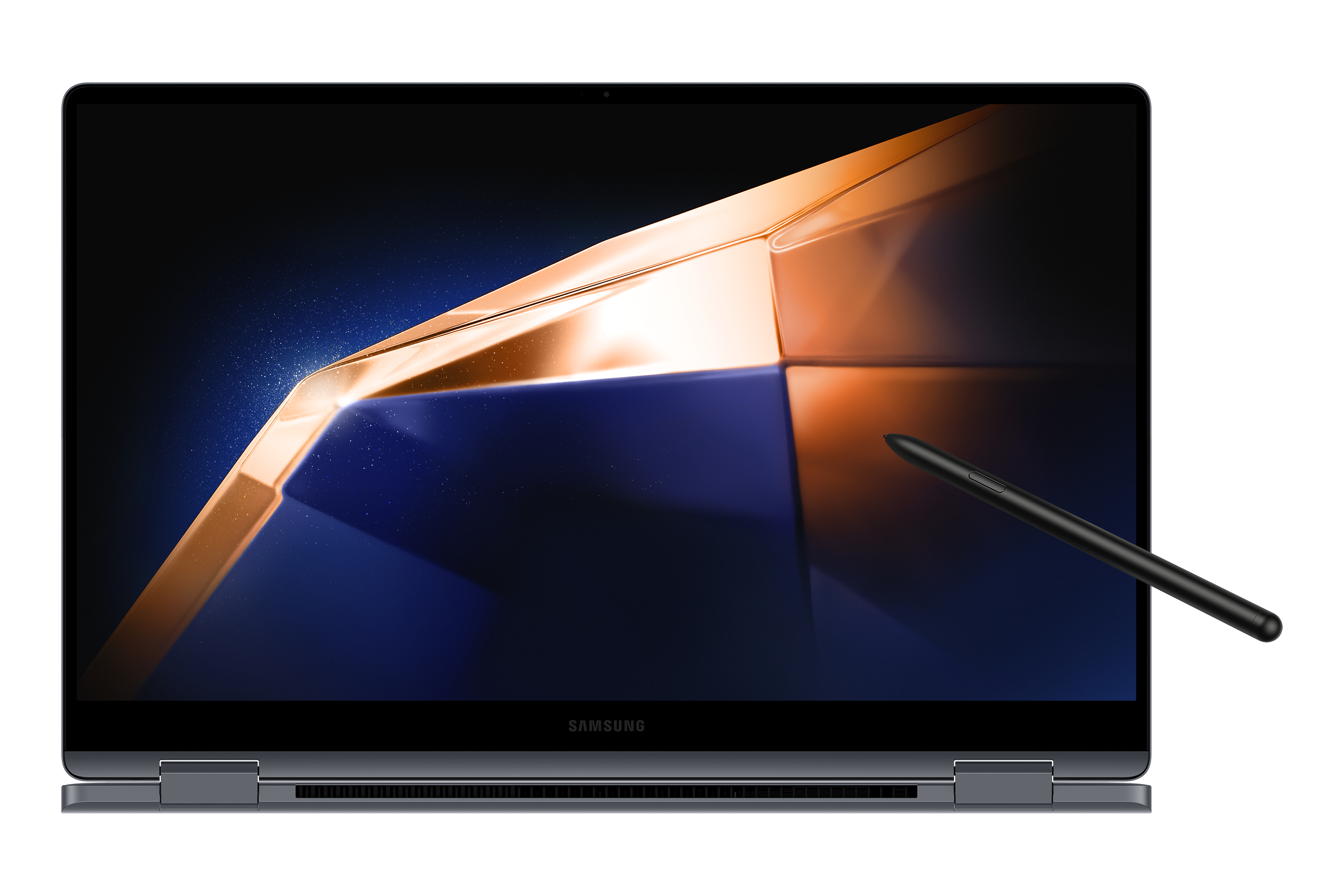 Laptop-Bildschirm, der ein abstraktes Gold- und Blau-Design mit schwarzem Stift zeigt.