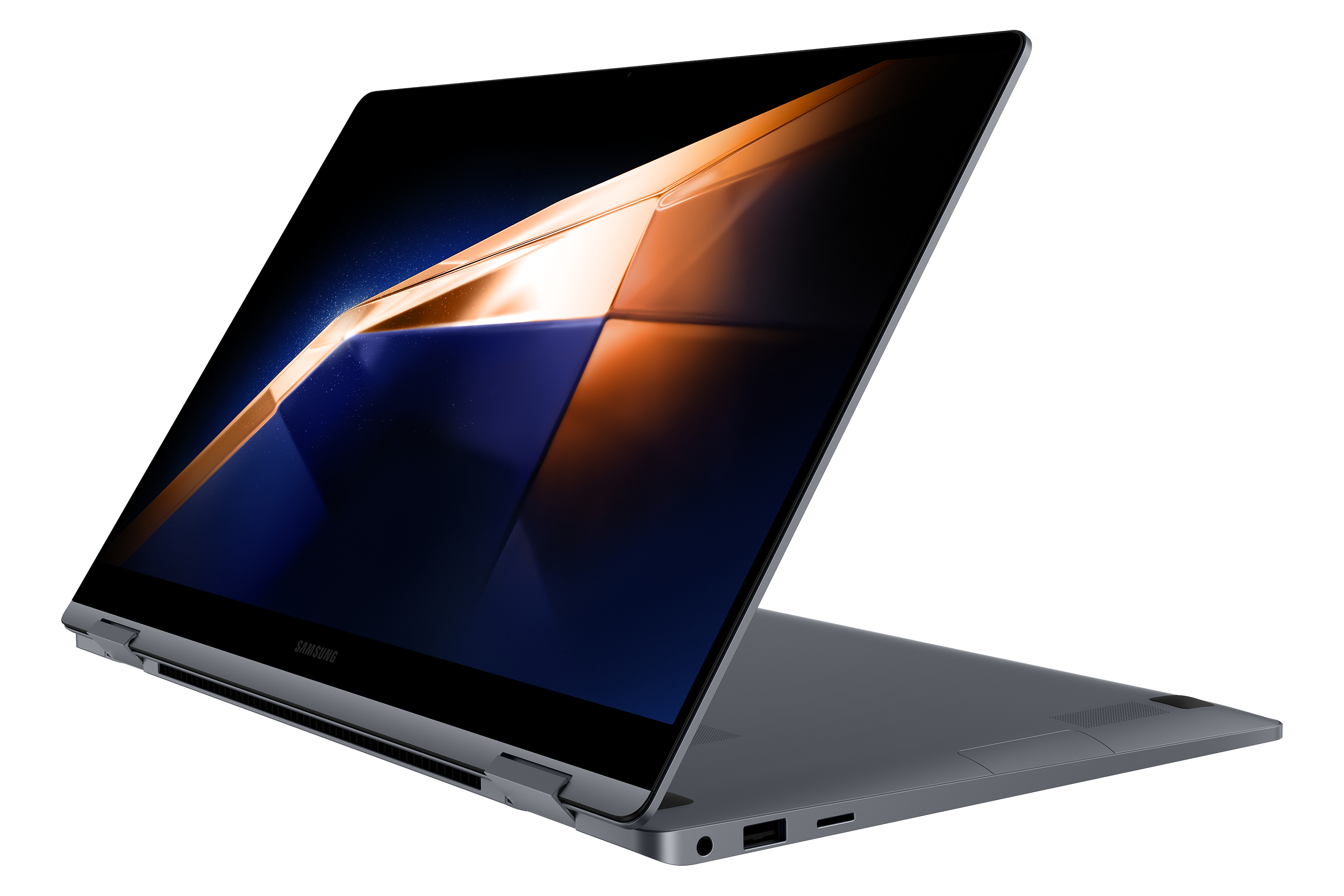 Ein grauer Laptop ist geöffnet und zeigt einen dunklen Bildschirm mit orangefarbenen und blauen Farbverläufen.