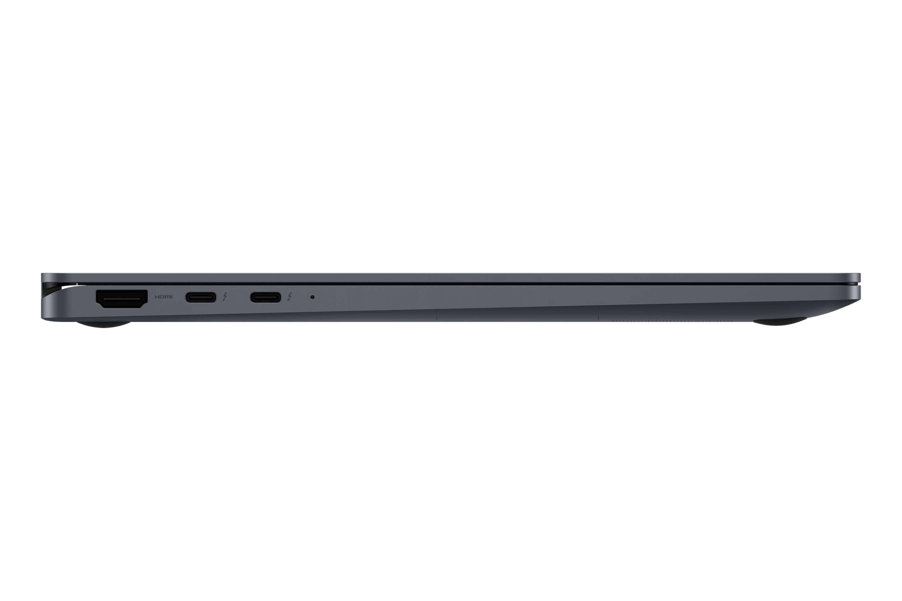 Seitenansicht eines dunkelgrauen Laptops mit Anschlüssen und schlankem Design. Weißer Hintergrund, einfach, sauber.