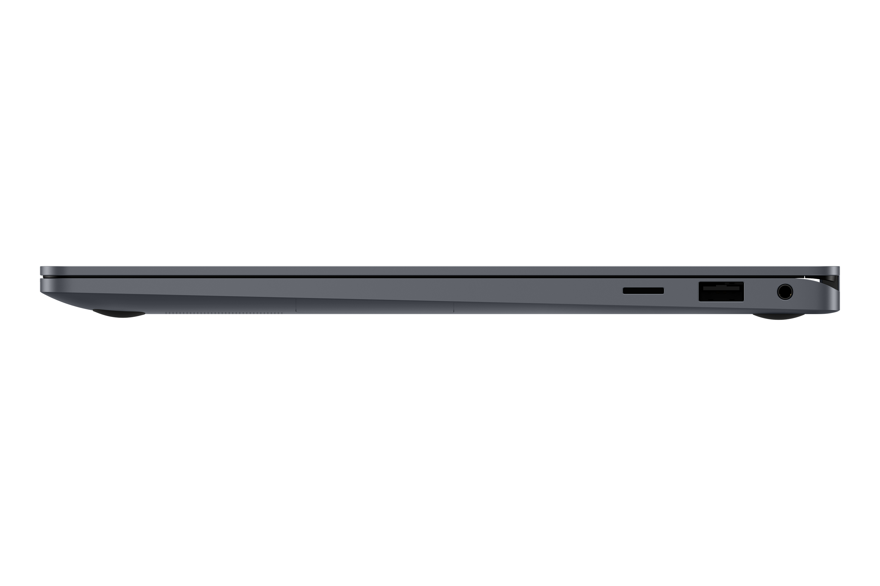 Seitenansicht eines dunkelgrauen Laptops mit sichtbaren Anschlüssen an der Seite.