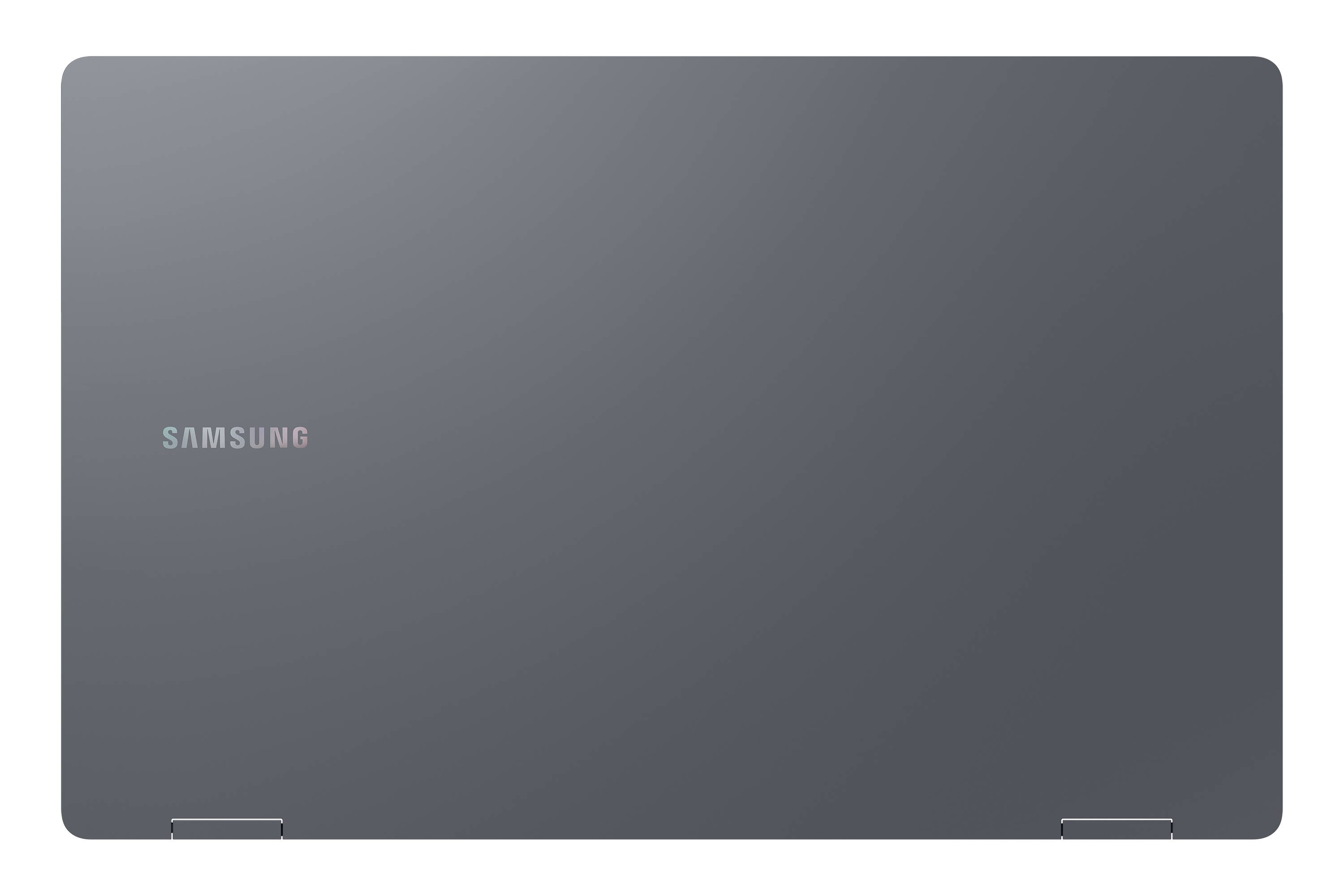 Grauer Laptop geschlossen. Das Samsung-Logo ist oben sichtbar.