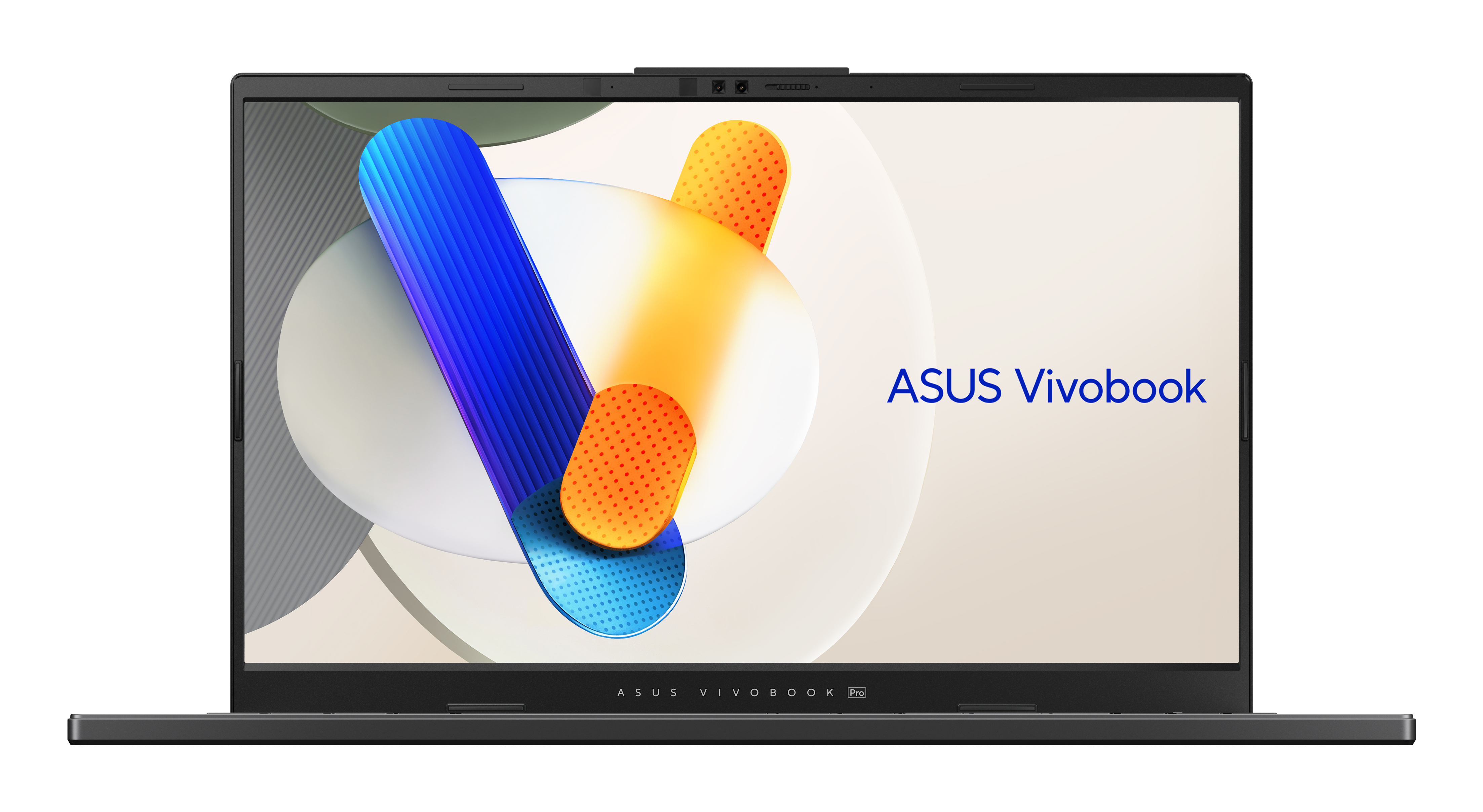 Laptop nero aperto con schermo che mostra arte astratta e testo ASUS Vivobook Pro.