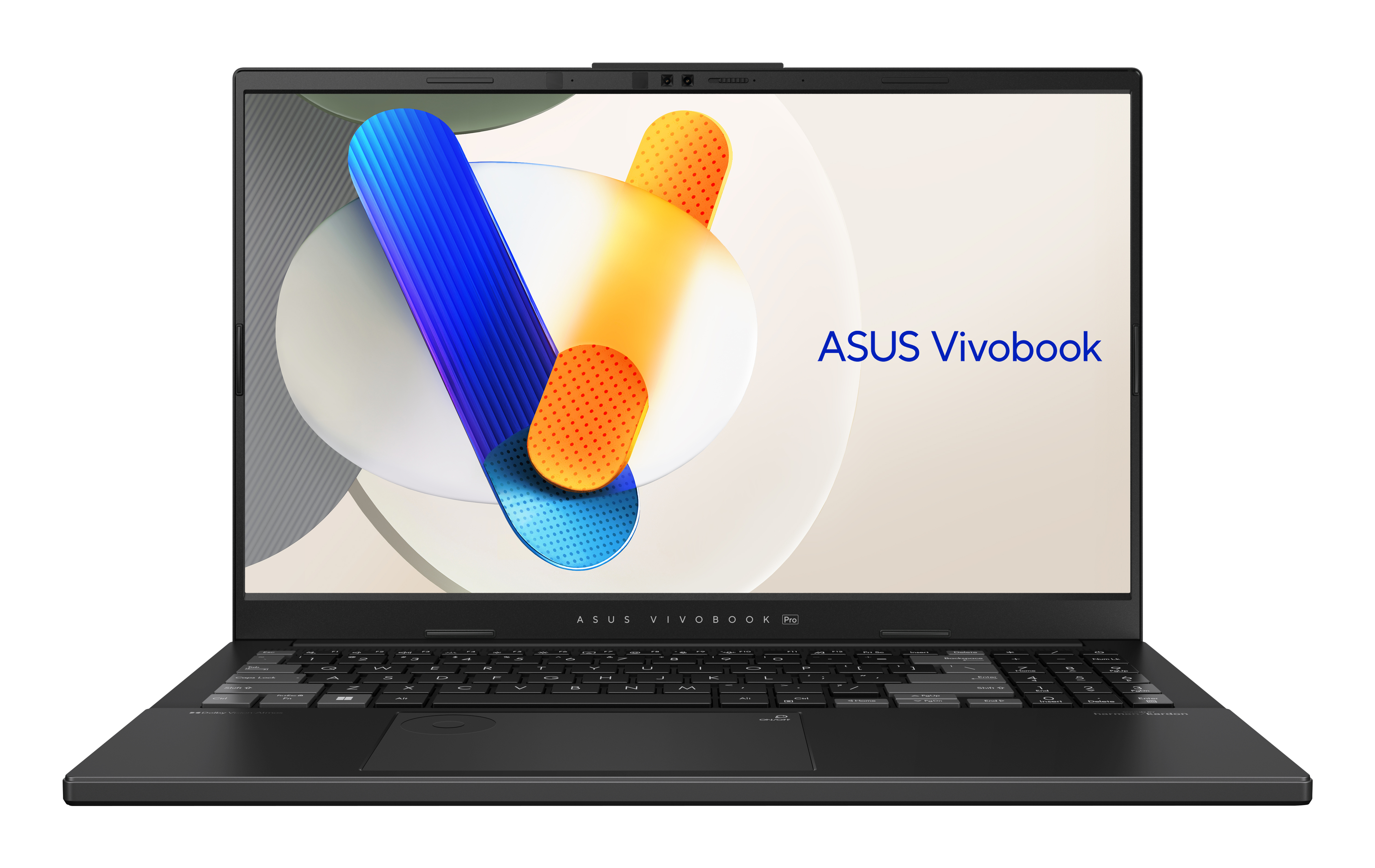 Laptop ASUS Vivobook nero aperto, con un design colorato sullo schermo.