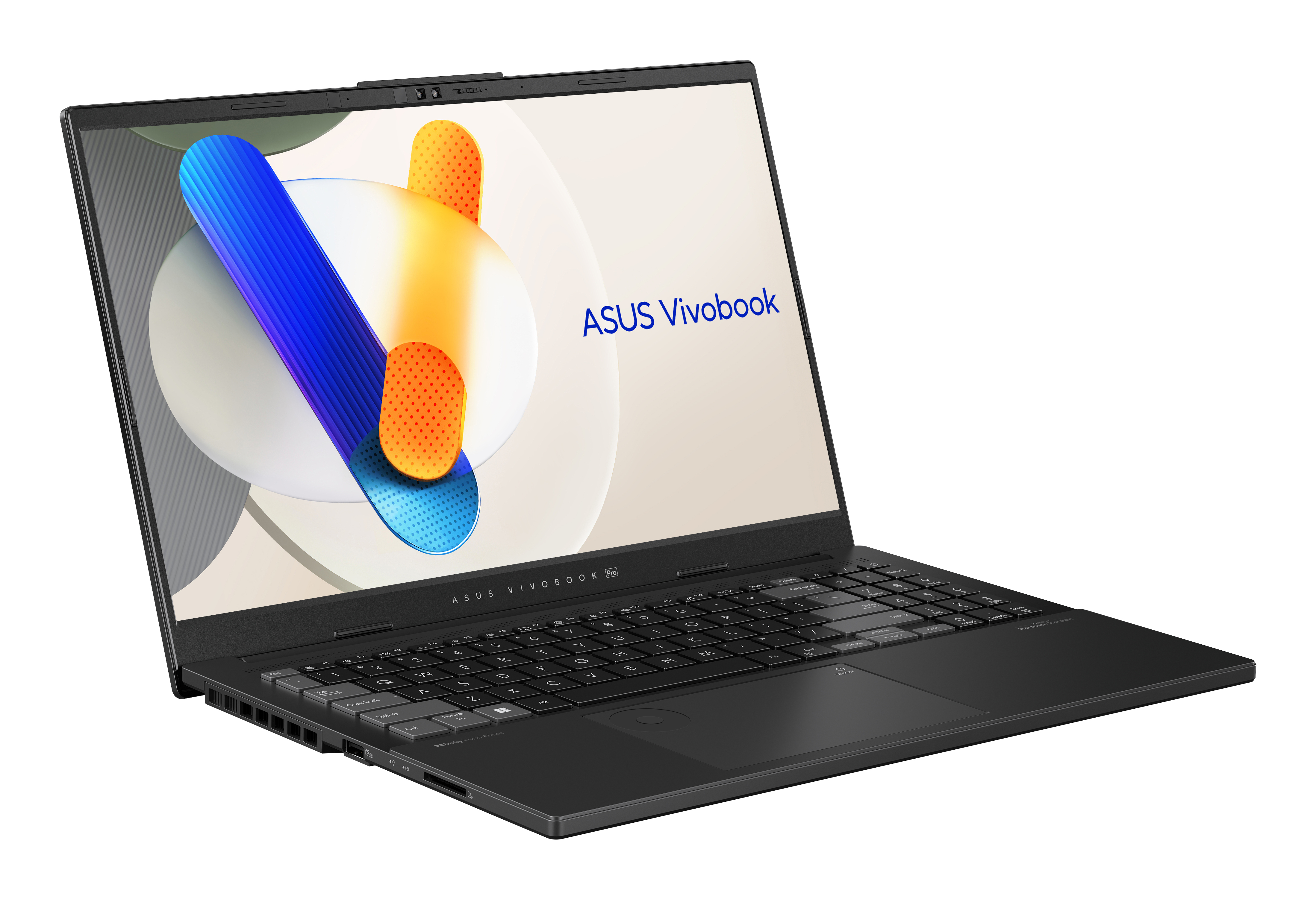 Un laptop nero è aperto, mostrando la tastiera e il logo ASUS Vivobook.