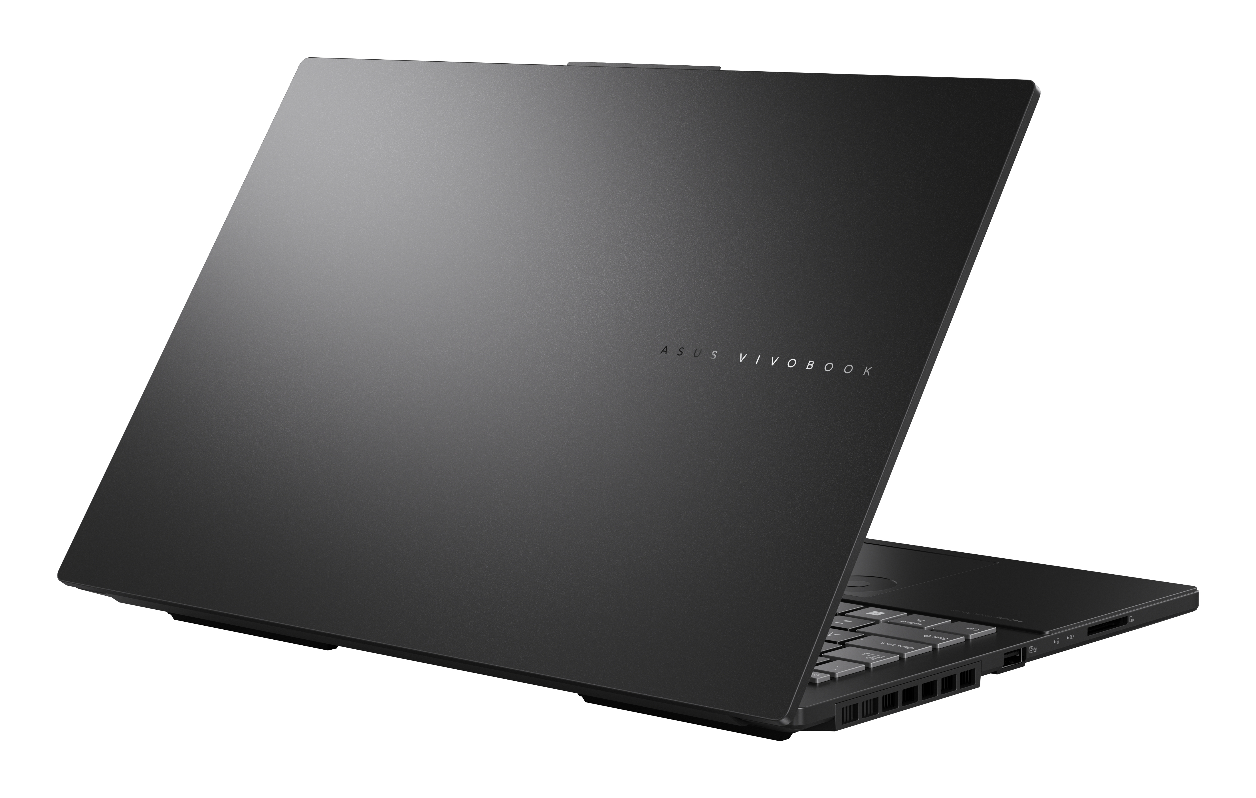 Un laptop ASUS Vivobook nero, che mostra la cover posteriore con il logo.