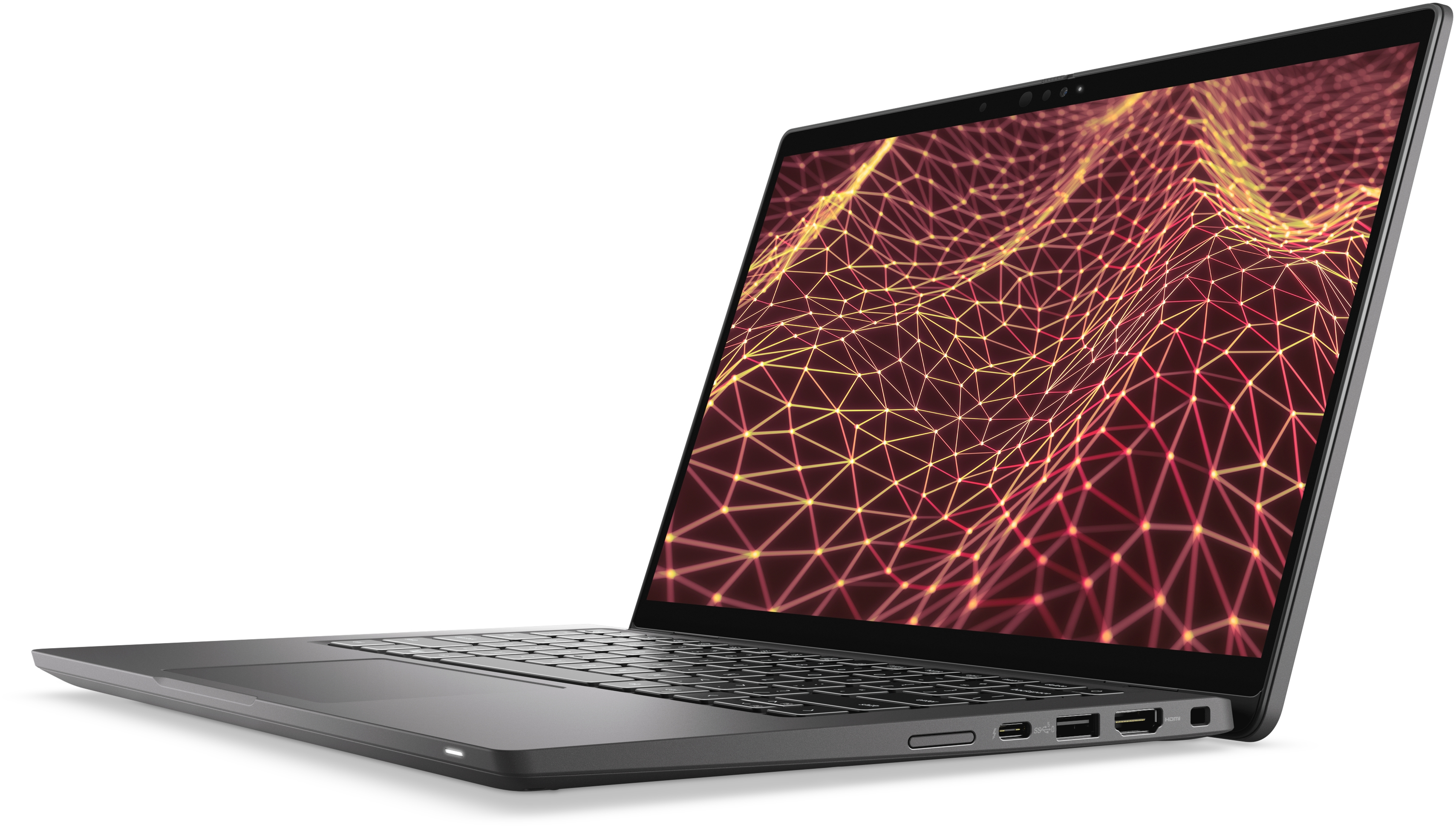 Schuine weergave van een grijze laptop. Het scherm toont een rood en geel netwerkontwerp.