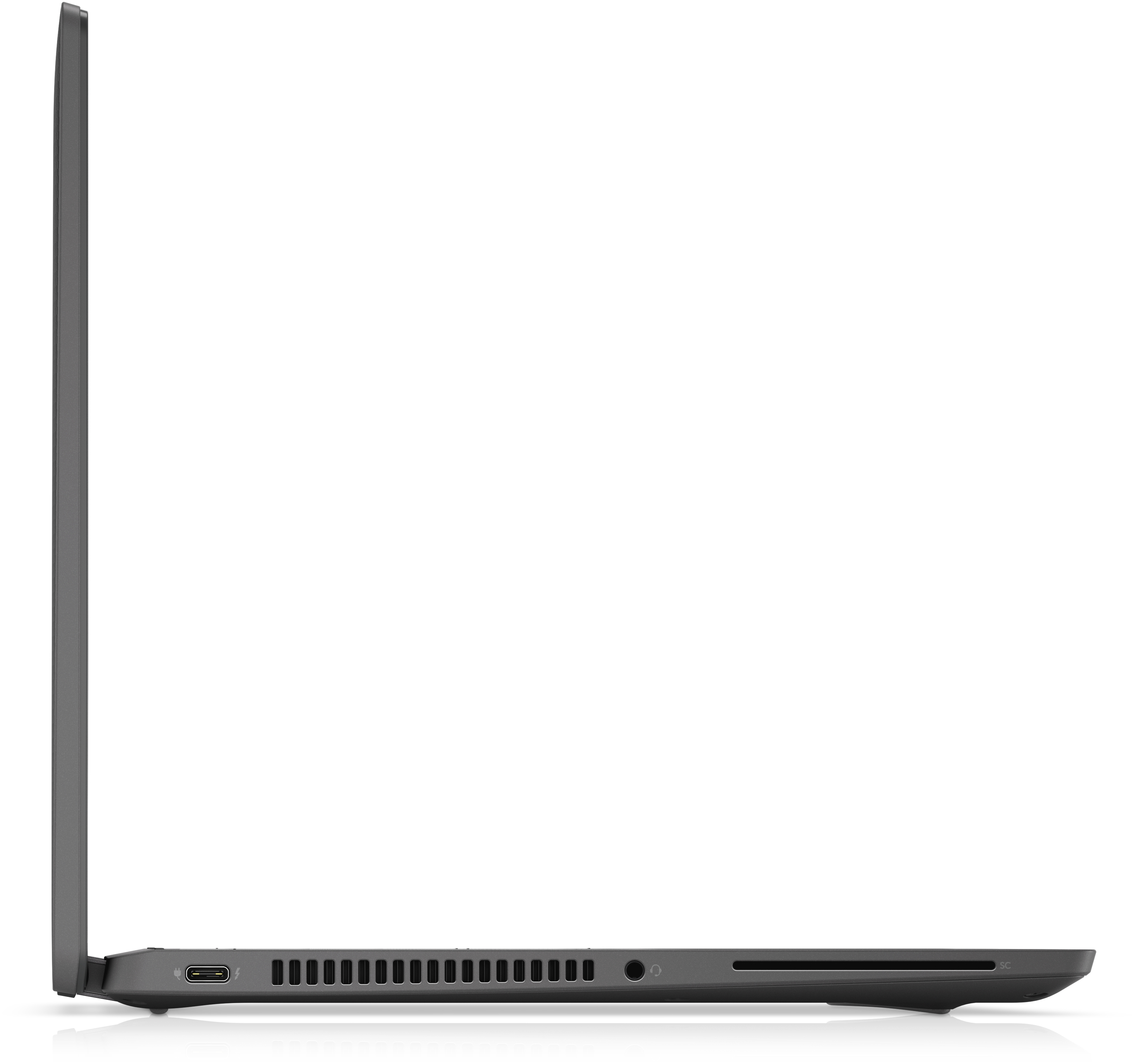Zijaanzicht van een grijze laptop. Poorten zijn zichtbaar, witte achtergrond.