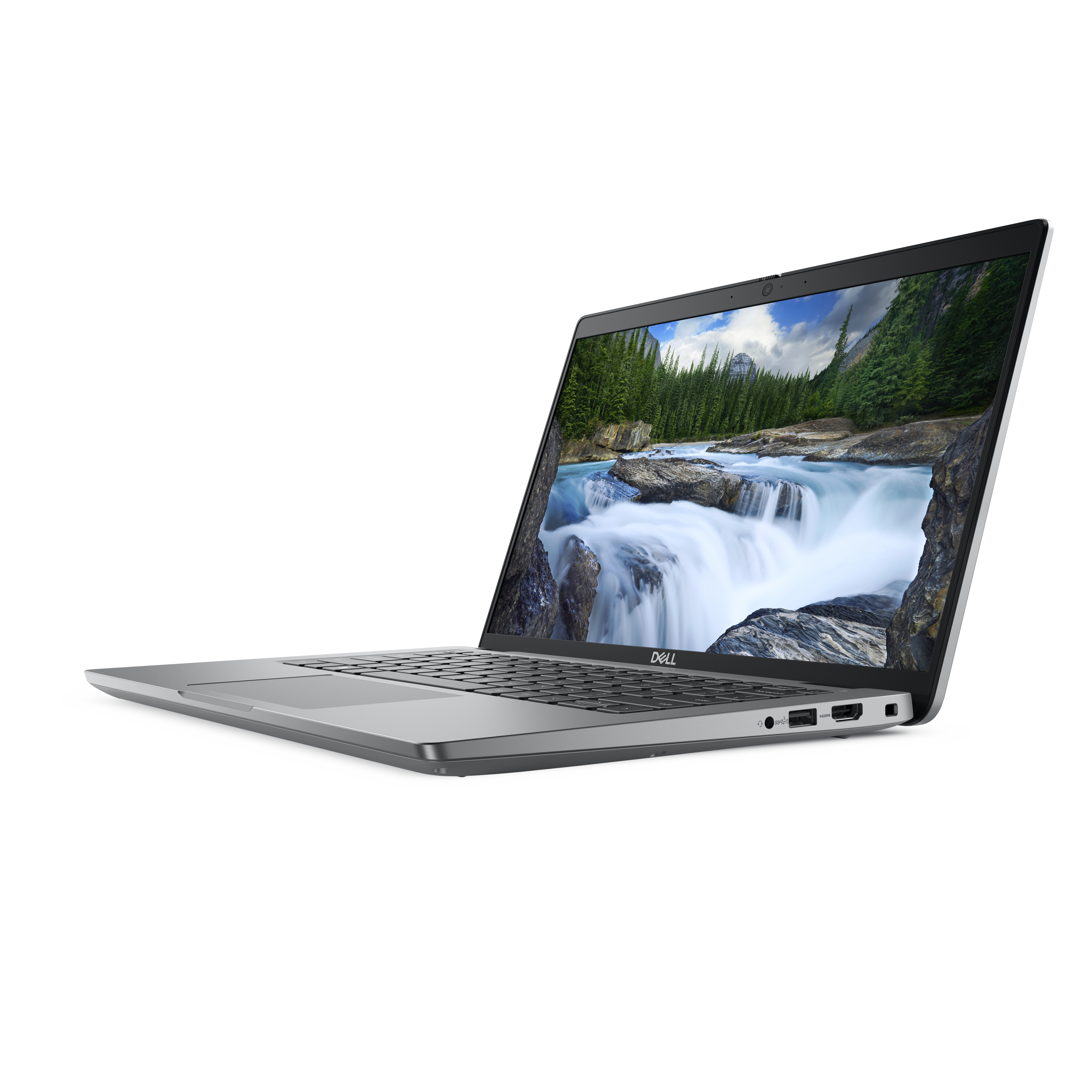 Laptop argentato con schermo aperto che mostra una scena di cascata.