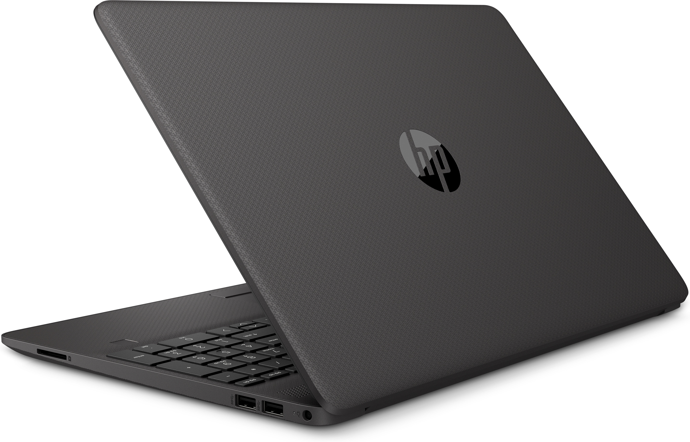 Geschlossener Laptop, dunkelgrau. Das HP-Logo ist sichtbar.