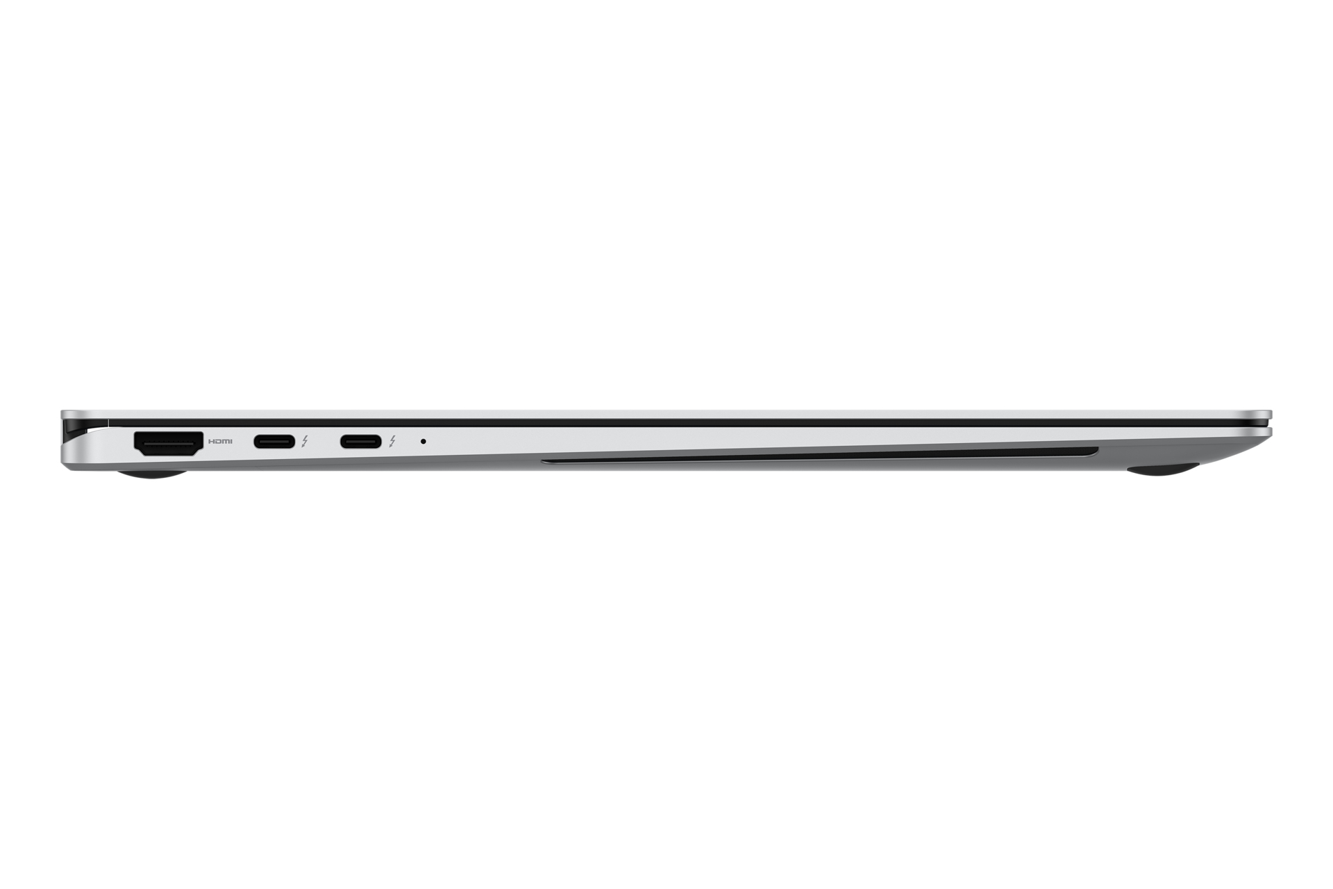 Vista laterale di un laptop argentato, che mostra porte e un design elegante.