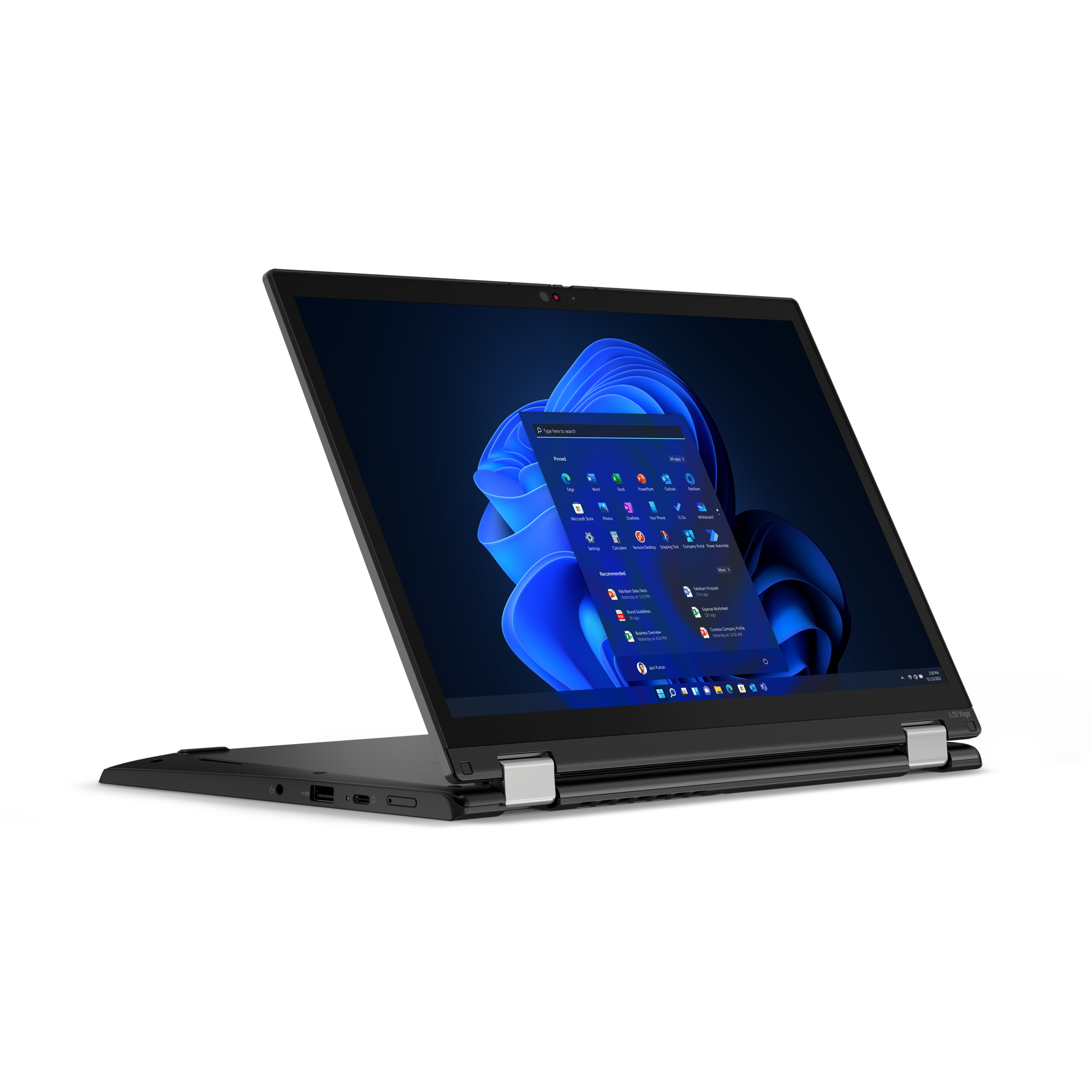 Zwarte laptop, scherm open met Windows-interface. Zilveren scharnieren, witte achtergrond.