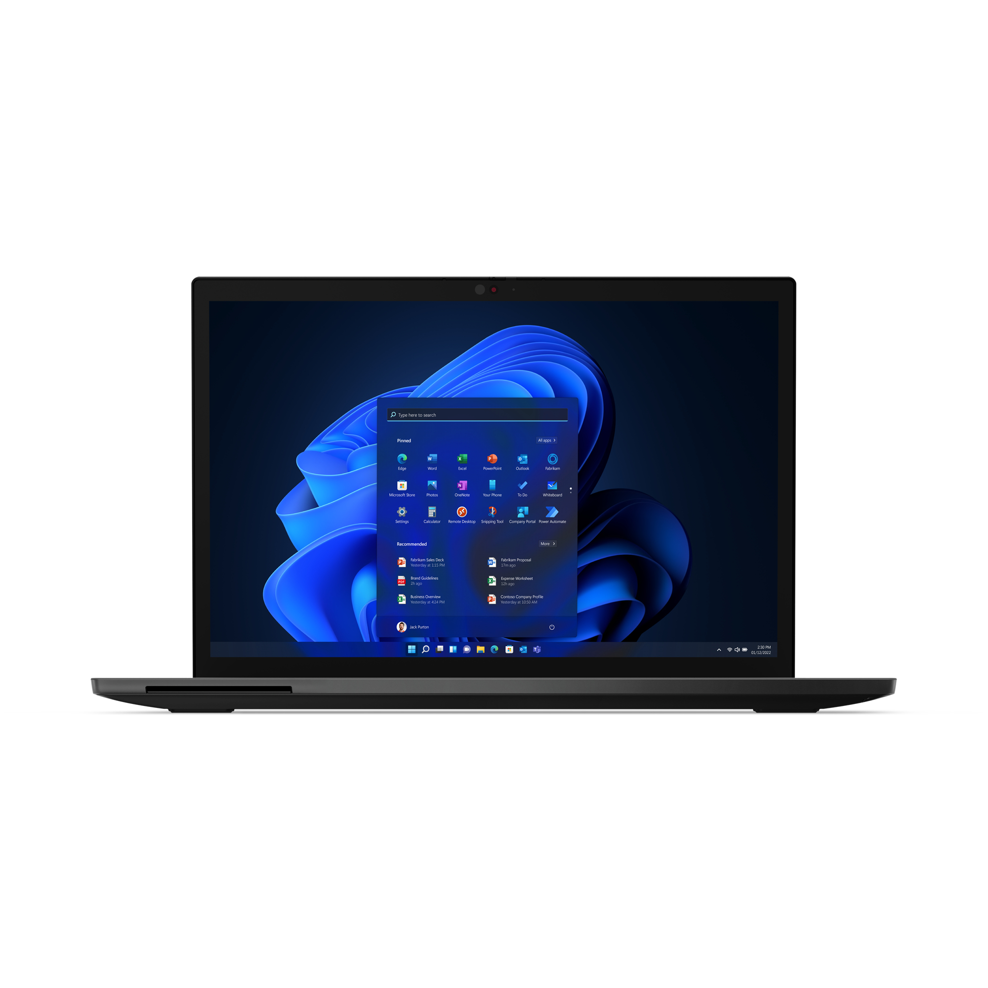 Een zwarte laptop open met een Windows 11-interface. Het scherm toont het startmenu.