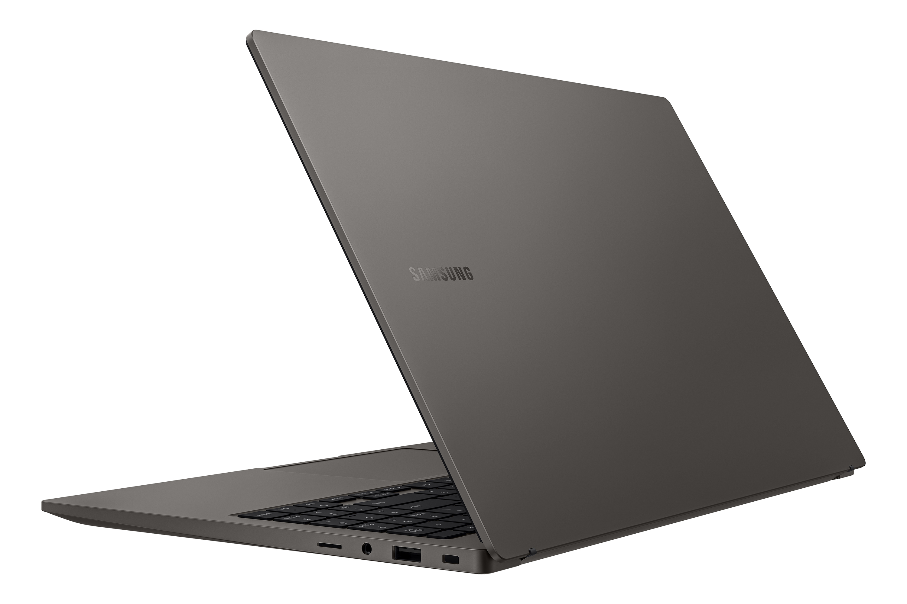 Un laptop Samsung grigio, parzialmente aperto. La parte posteriore del laptop è visibile con il logo Samsung.