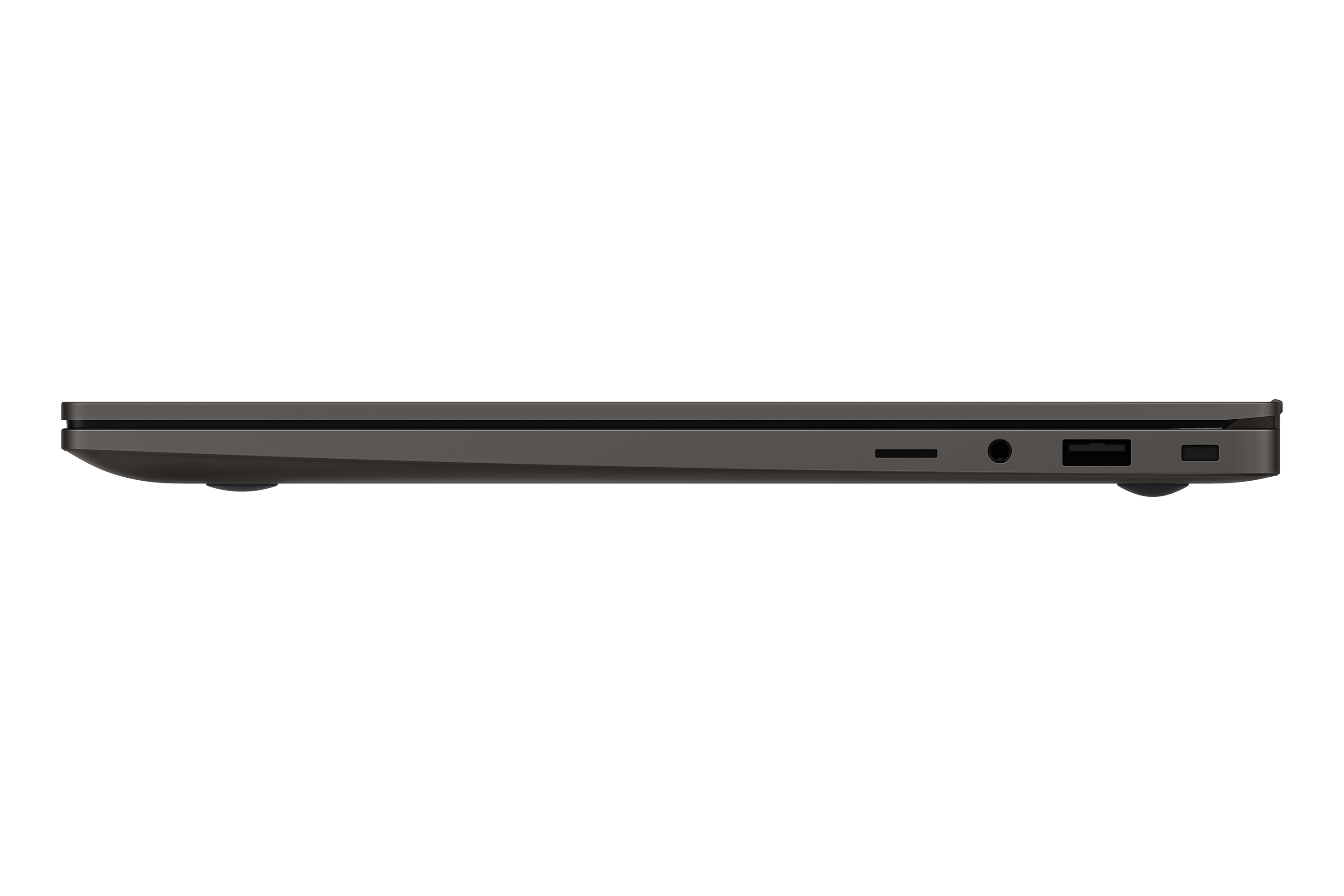 Laptop nero visto lateralmente. Le porte sono visibili. Sfondo bianco.