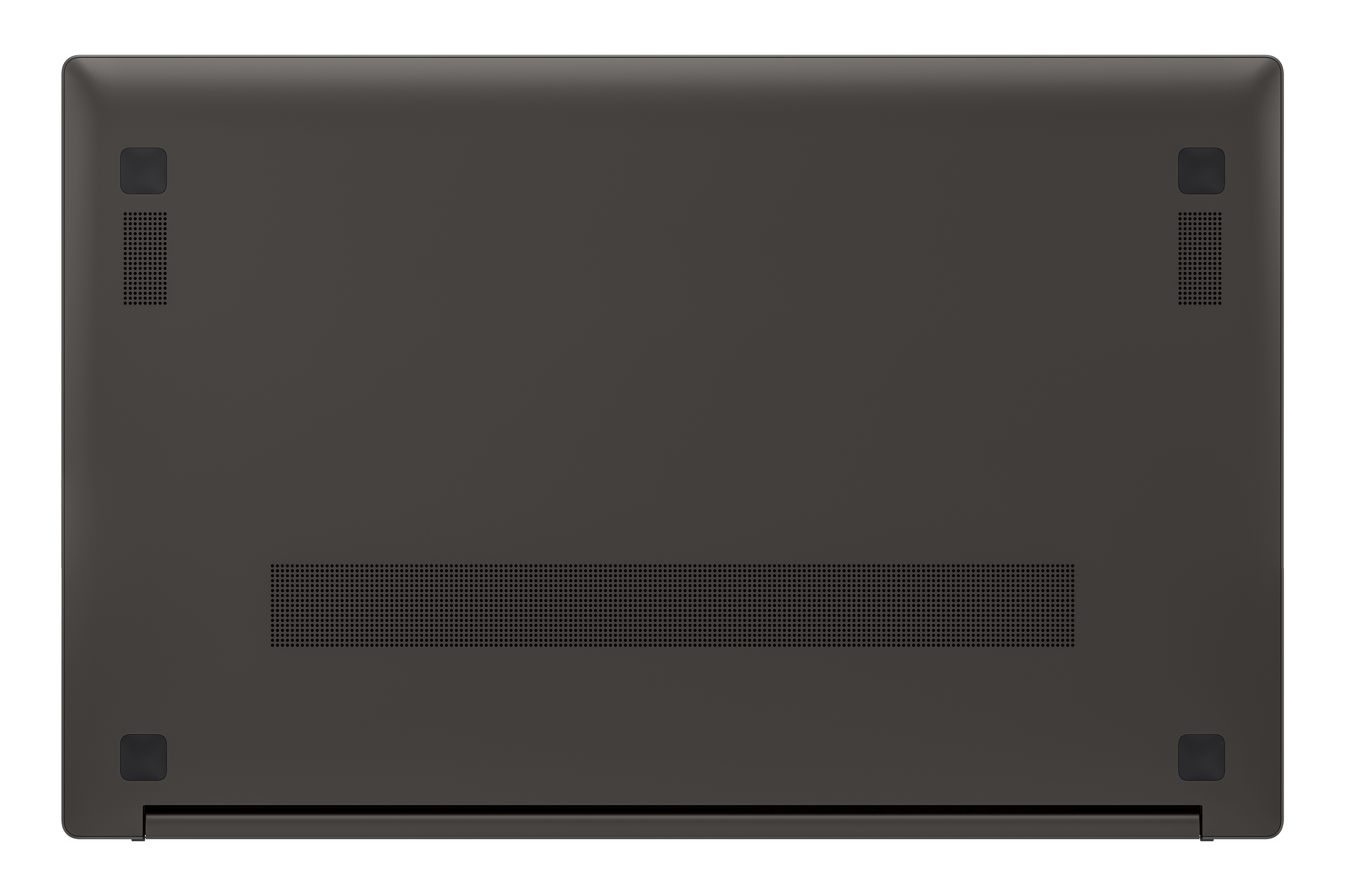 Laptop nero, vista inferiore, che mostra prese d'aria e piedini in gomma.