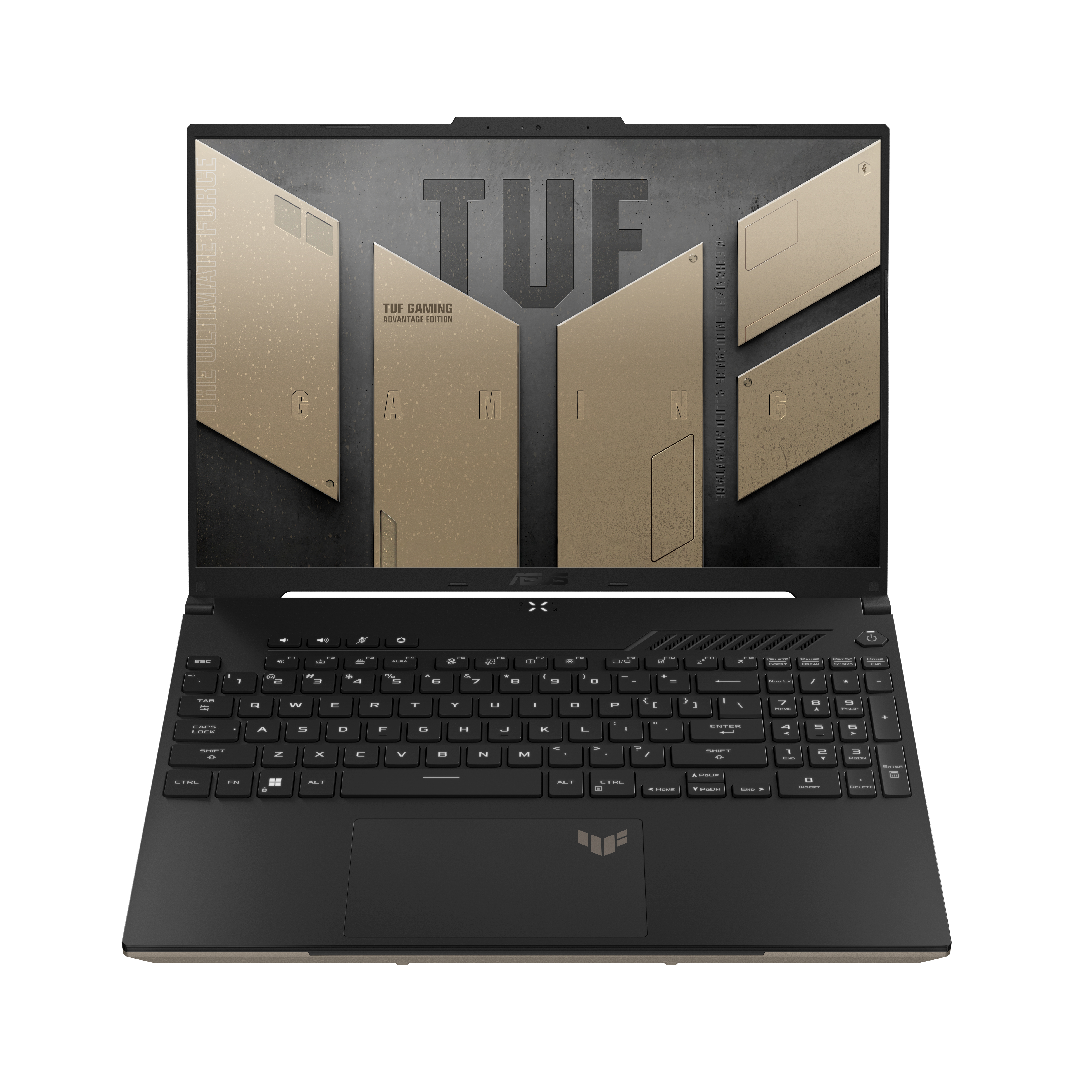 Laptop, czarny ze złotymi akcentami, na ciemnej powierzchni. Ekran jest otwarty.