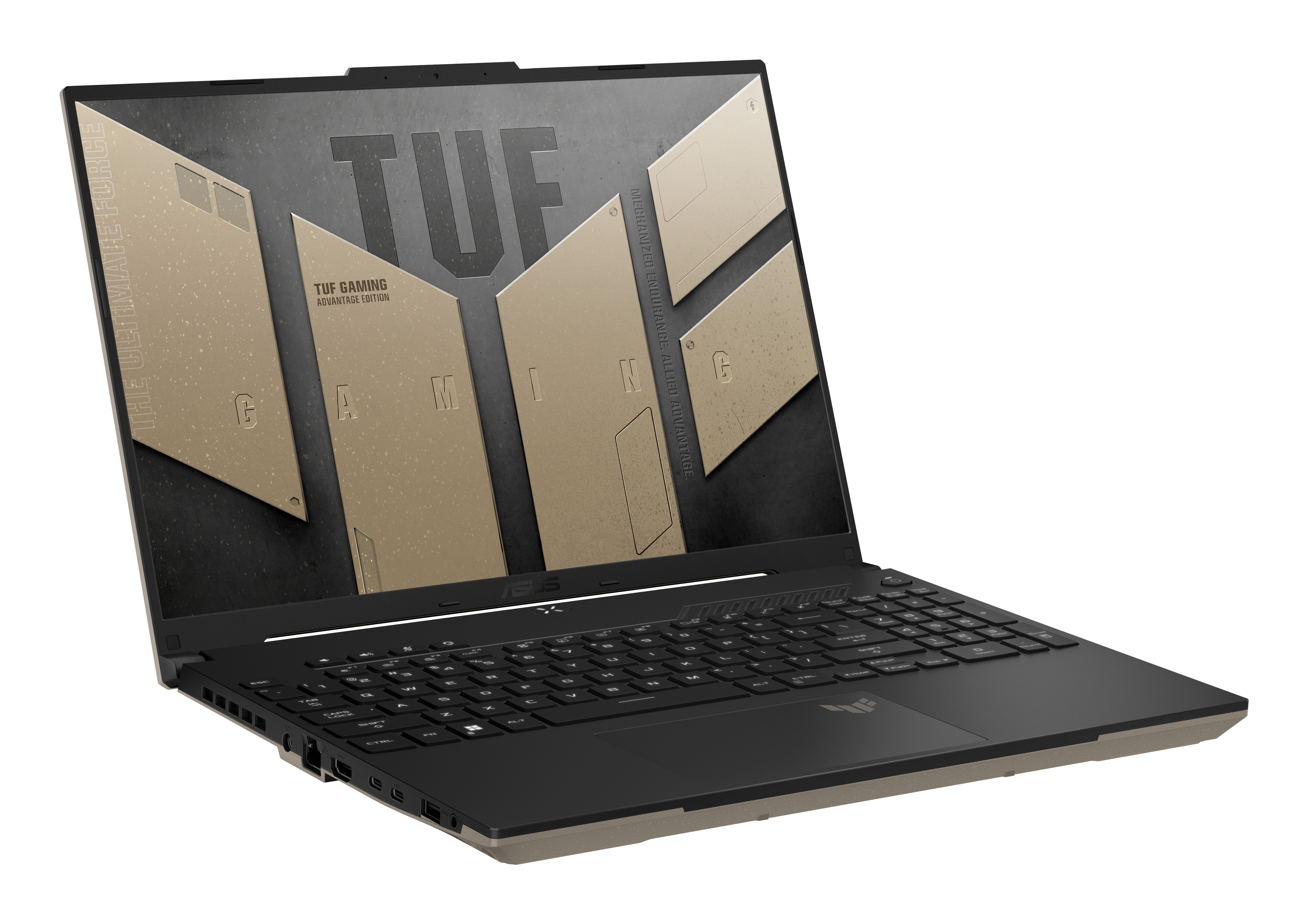Czarny i beżowy laptop ASUS TUF gaming, otwarty, widok pod kątem. Ekran wyświetla logo.