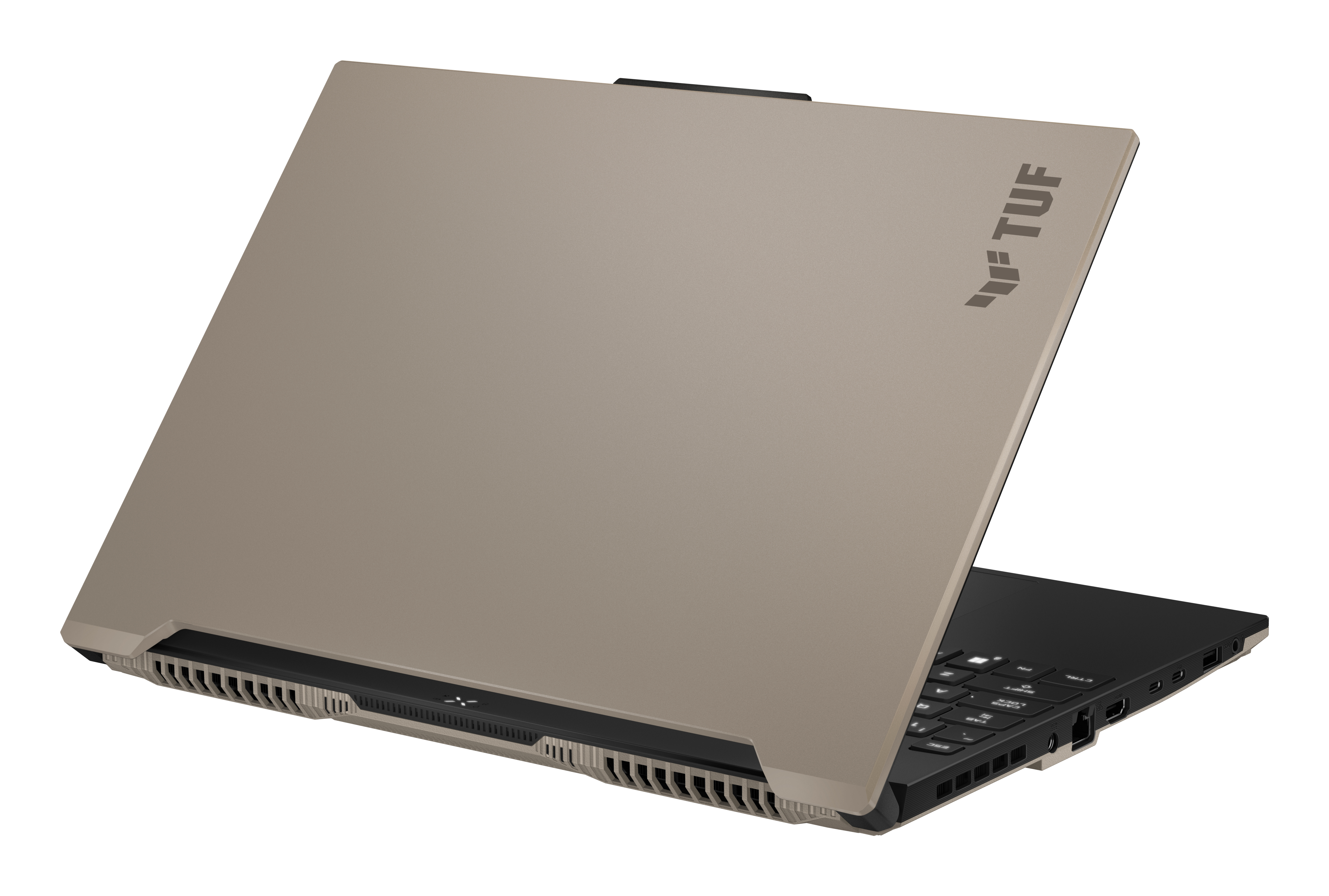 Laptop otwarty, z górą skierowaną do góry. Pokrywa jest szara z czarnym zawiasem i logo TUF.