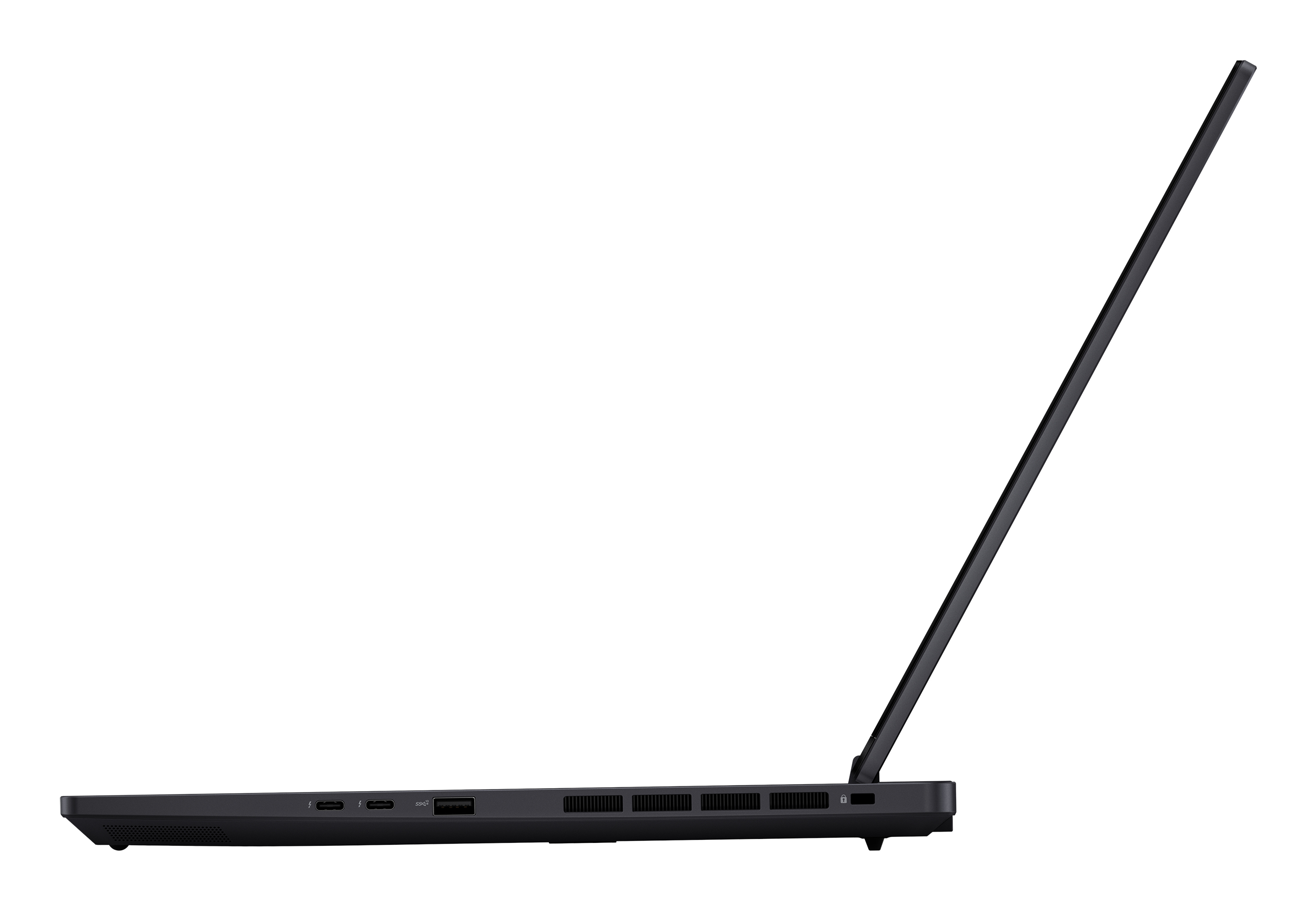 Schwarzes Laptop-Profil, geöffnet, angewinkelter Bildschirm. Zeigt Anschlüsse und Lüfter. Weißer Hintergrund.