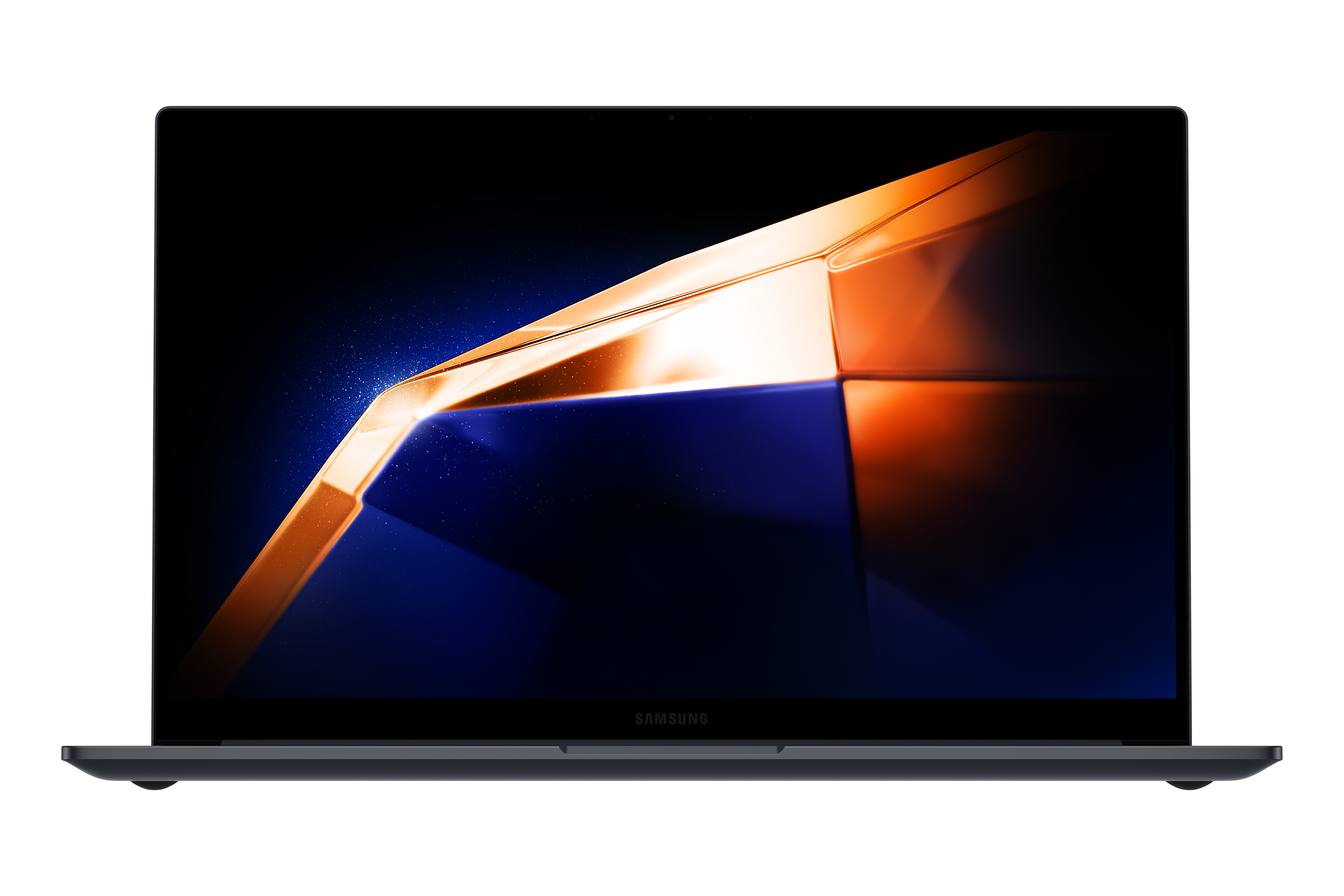 Portátil Samsung con pantalla oscura que muestra un diseño abstracto naranja y azul.