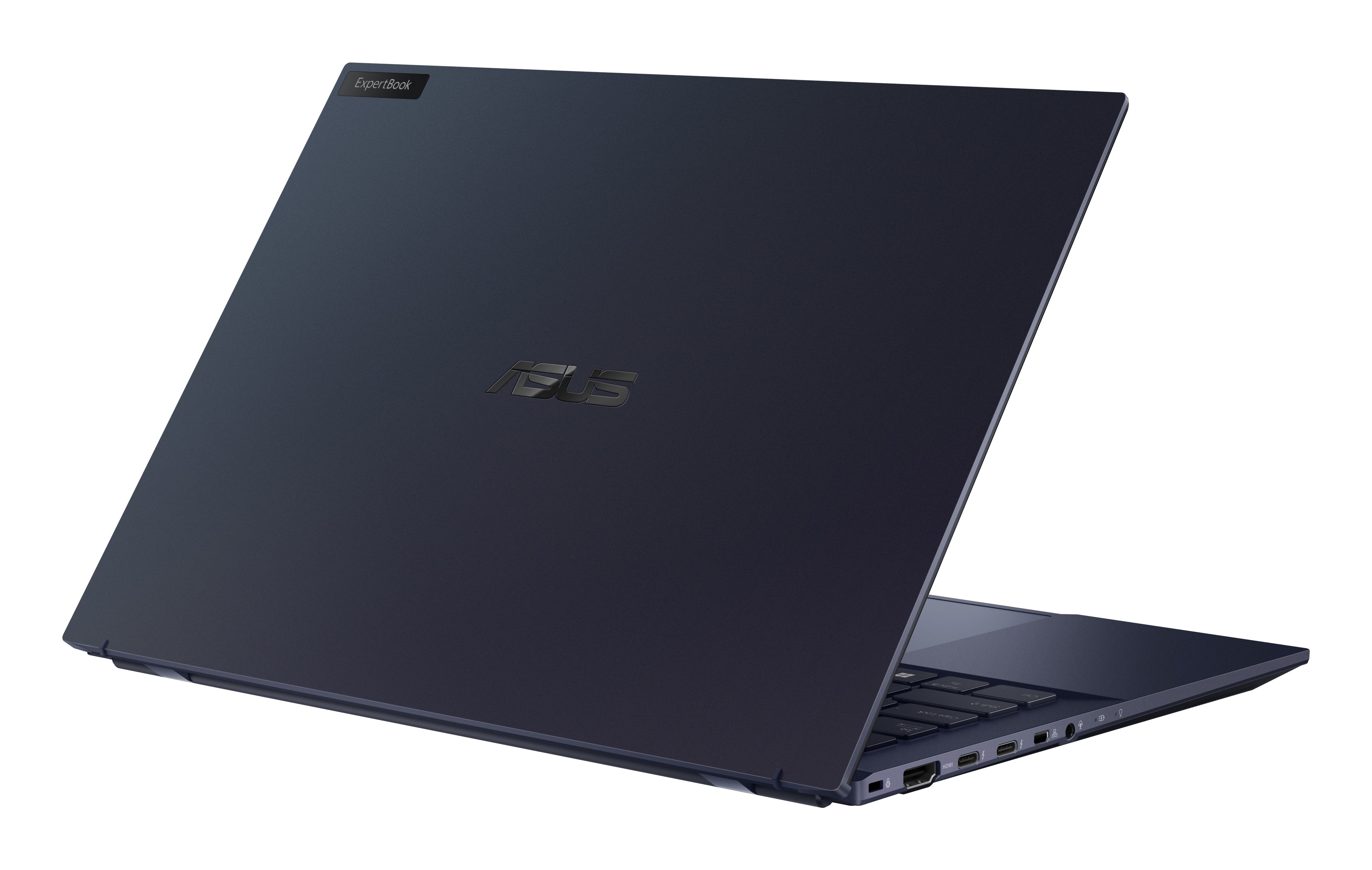 Parte trasera del portátil con el logotipo de ASUS. Color azul oscuro. El fondo es blanco.