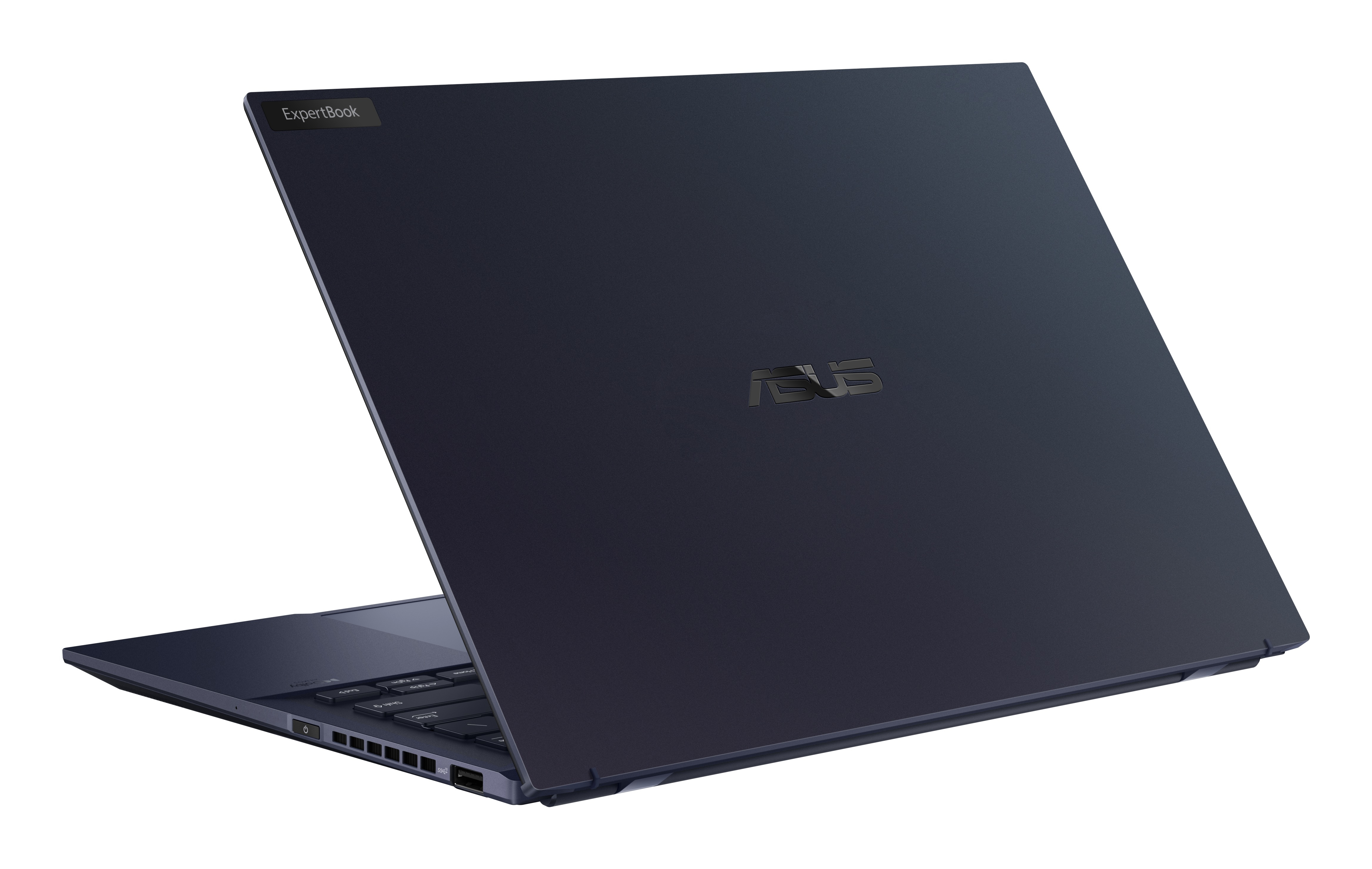 Parte trasera del portátil con el logotipo de ASUS. Color azul oscuro. El fondo es blanco.
