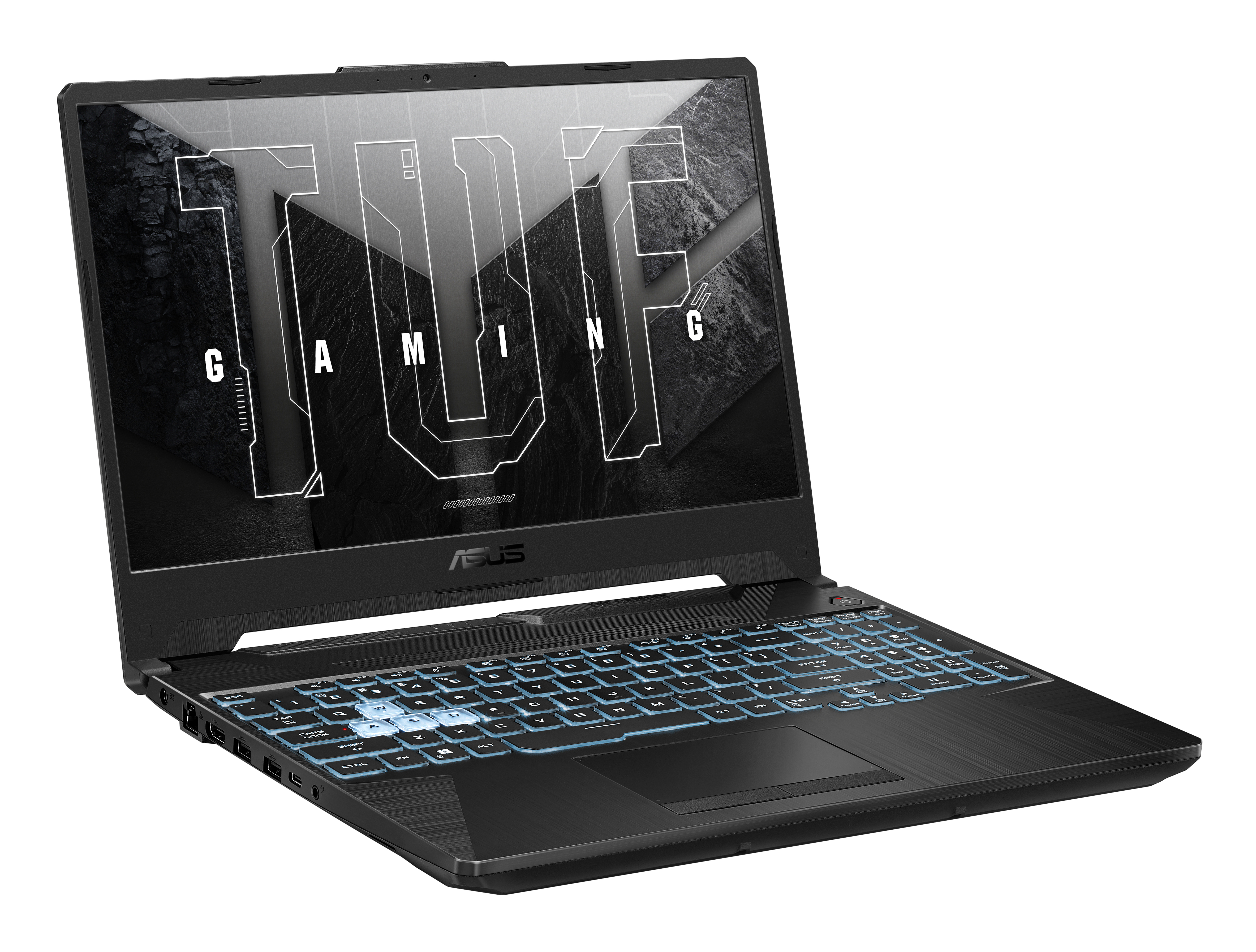 Czarny laptop ASUS TUF Gaming, otwarty, z interfejsem gry. Podświetlana klawiatura.