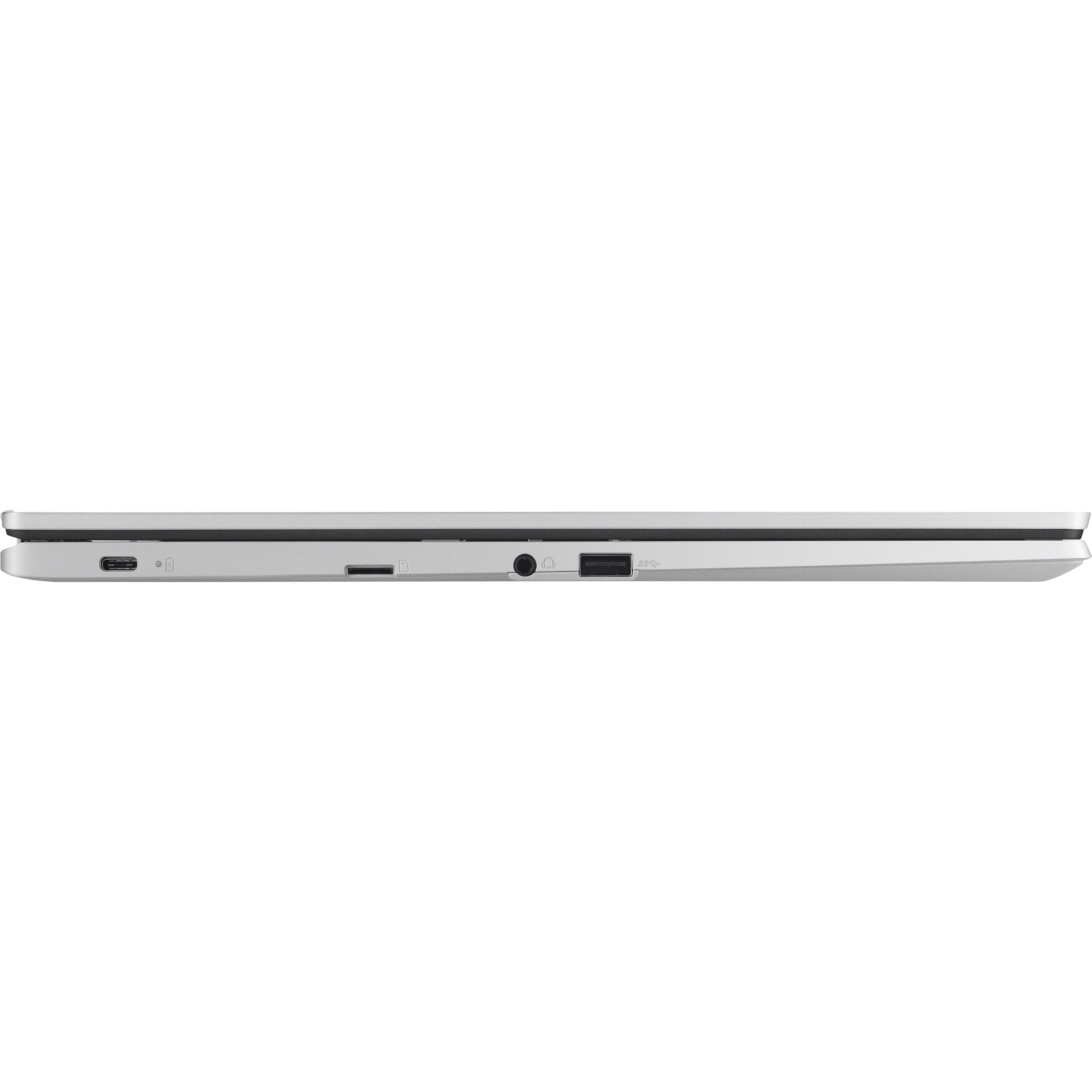 Seitenansicht eines weißen Laptops. Anschlüsse sind an der Seite sichtbar.