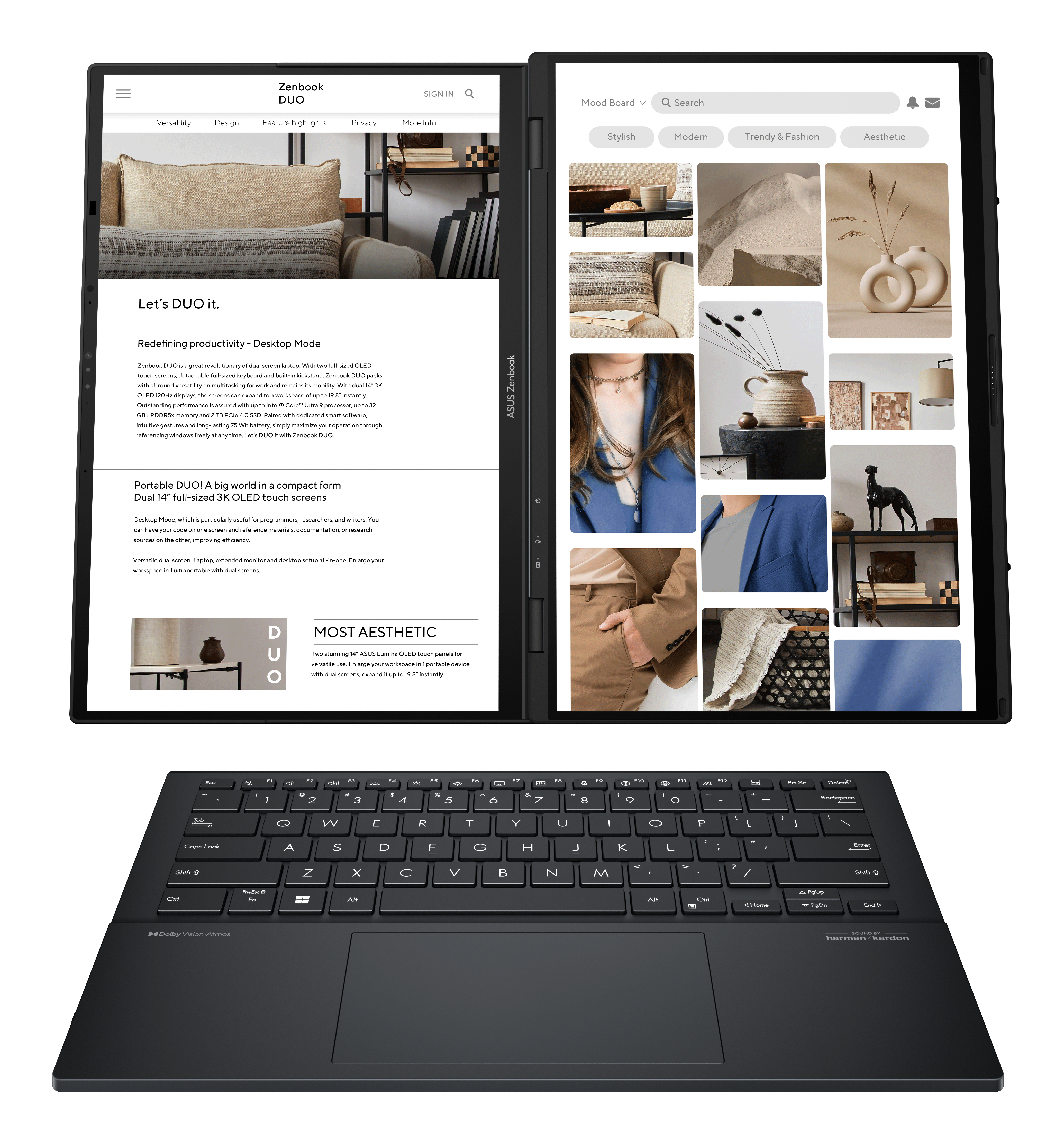 Laptop mit zwei Bildschirmen und Tastatur. Bilder von einem Raum und mehr.