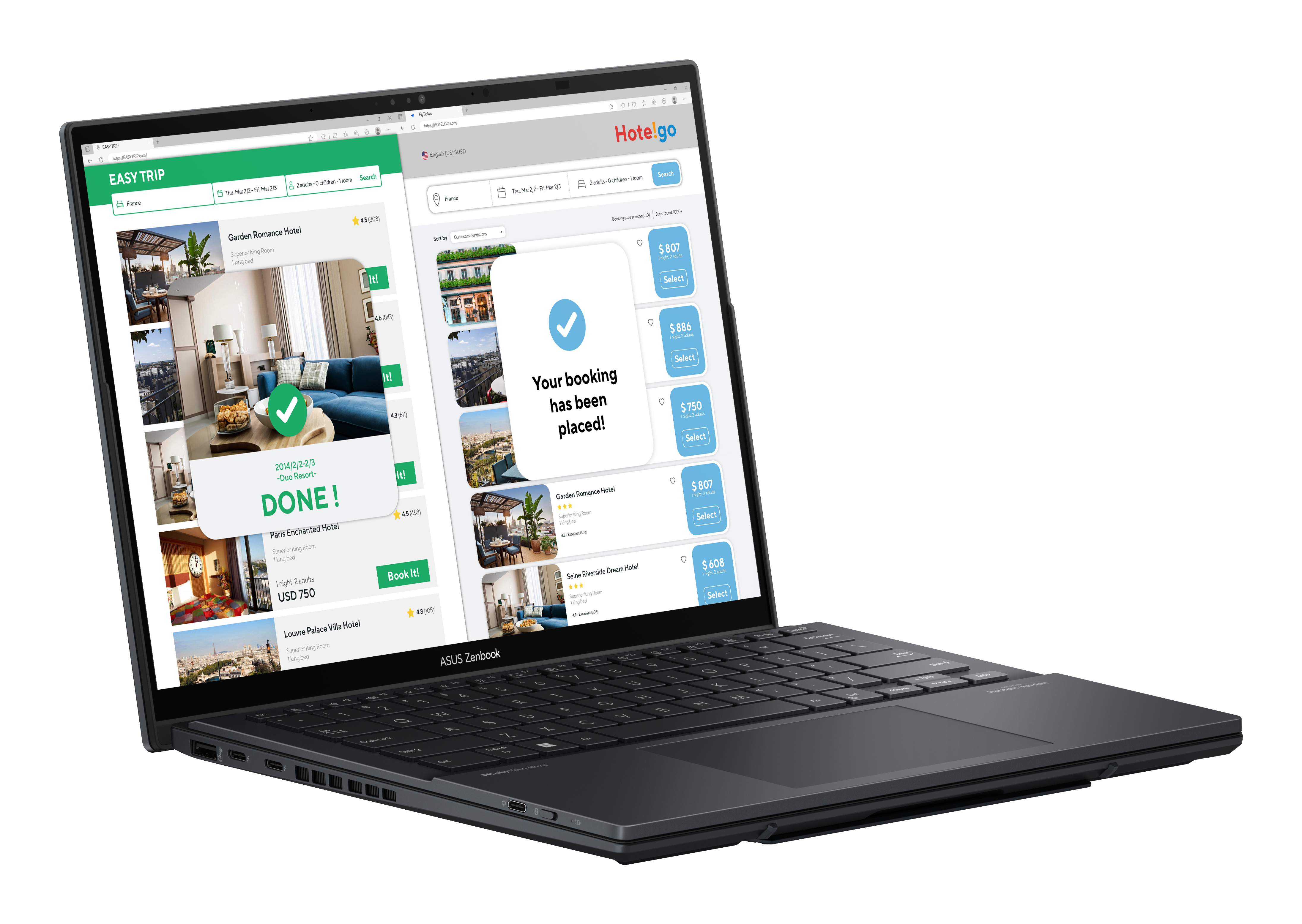 Laptop-Bildschirm zeigt eine Reisebuchungsseite, mit einer Bestätigung, auf weißem Hintergrund.
