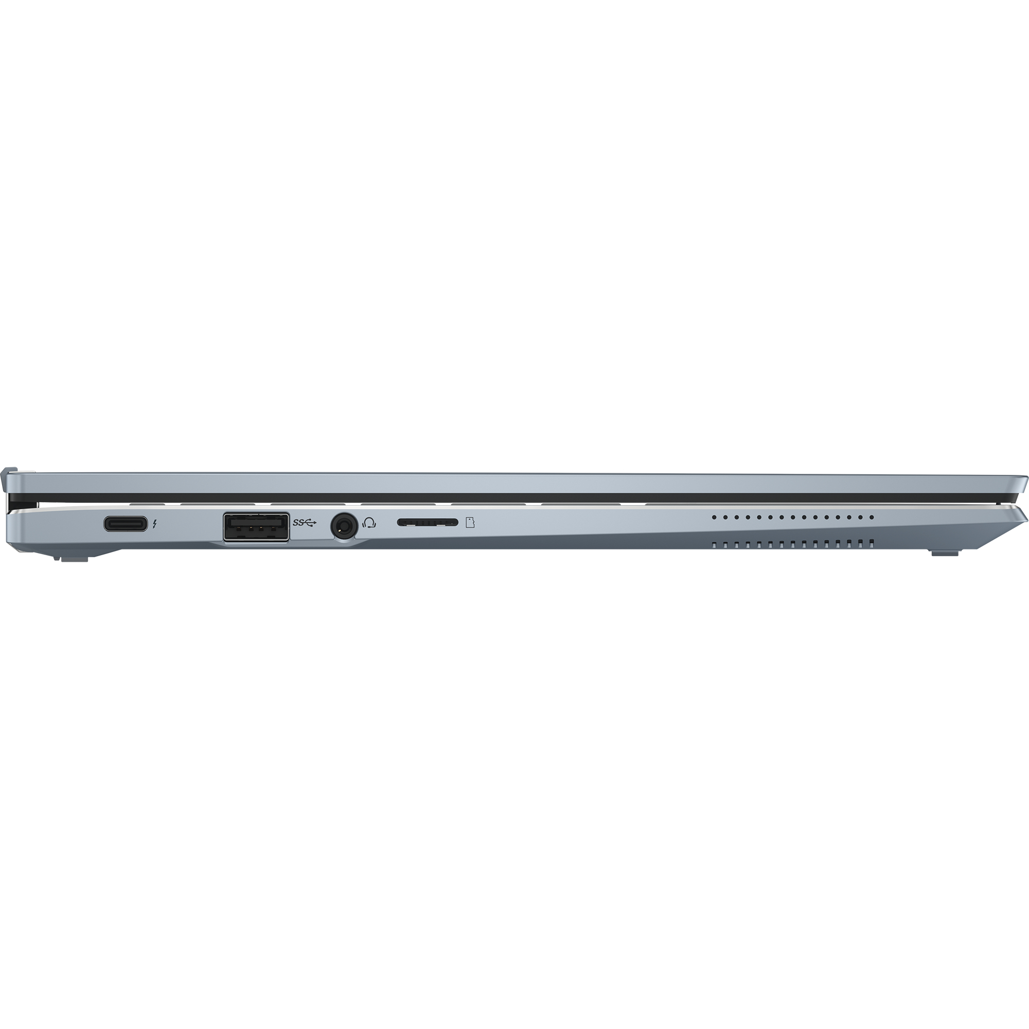 Laptop-Seitenansicht mit sichtbaren Anschlüssen. Silberne Farbe, weißer Hintergrund.