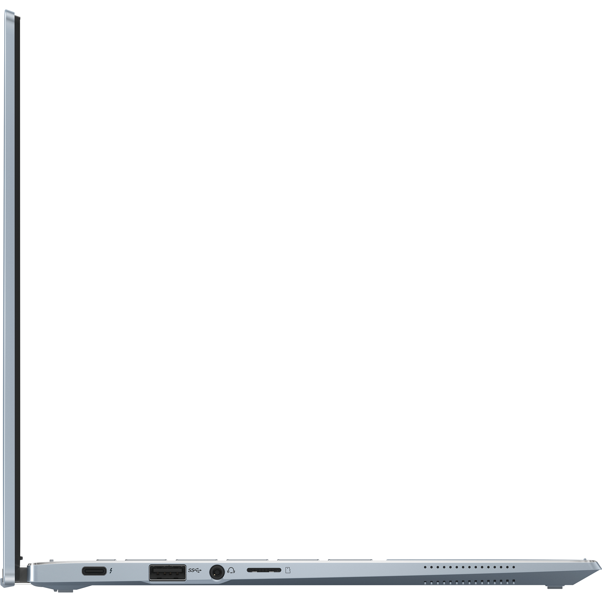 Seitenansicht eines silbernen Laptops. Die Anschlüsse und das Scharnier sind sichtbar.