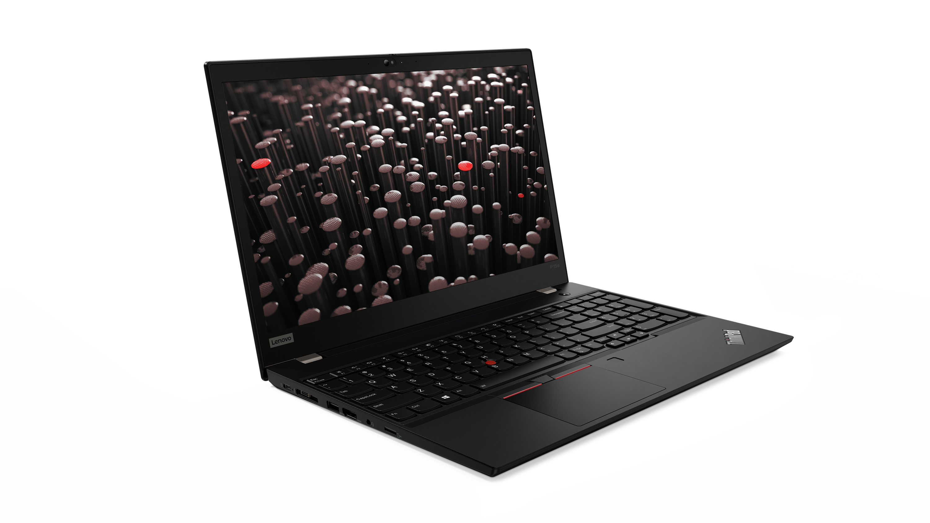 Portátil Lenovo ThinkPad negro, pantalla con formas abstractas en blanco y negro, fondo blanco.
