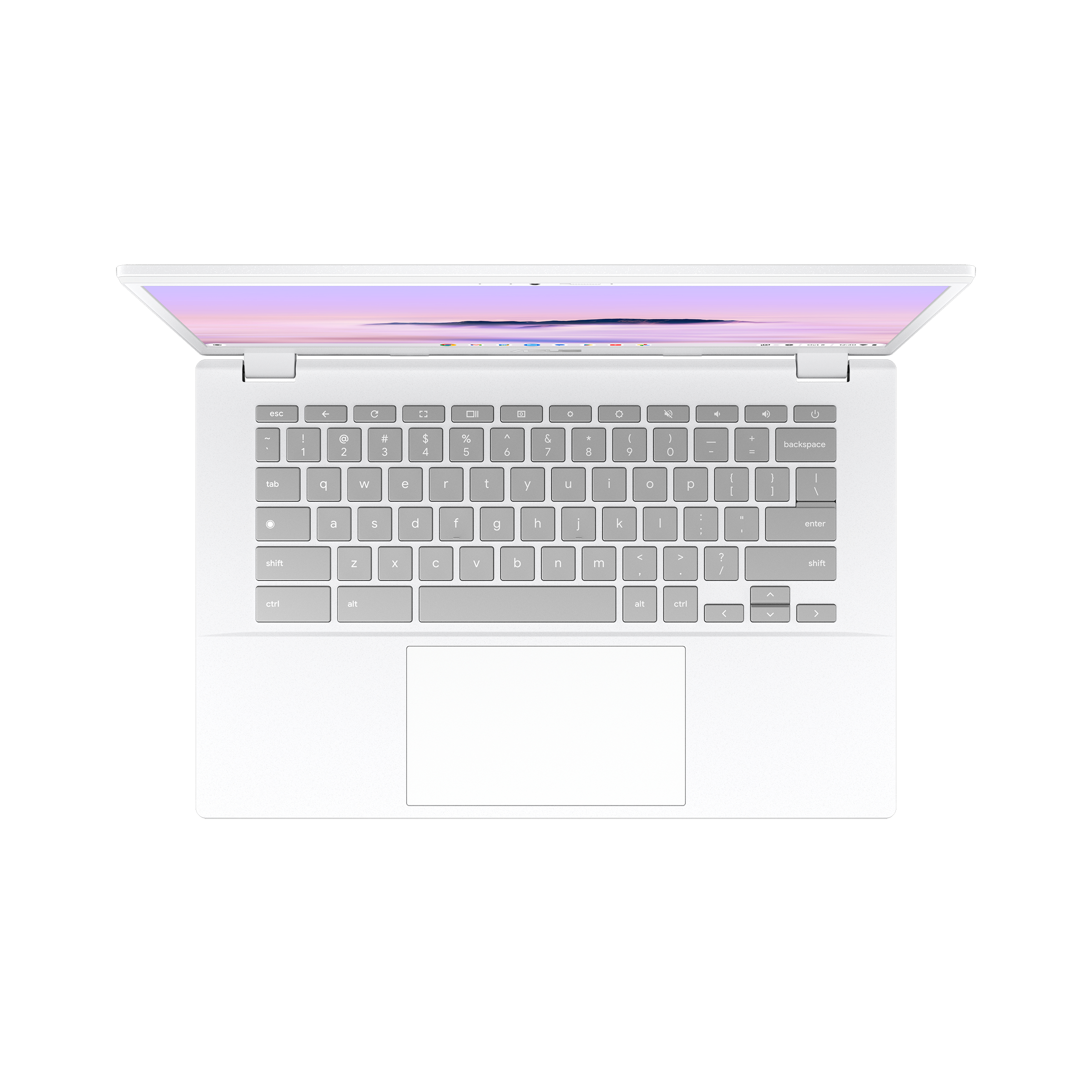 Laptop bianco aperto, mostra un desktop. La tastiera è visibile e lo schermo è acceso.